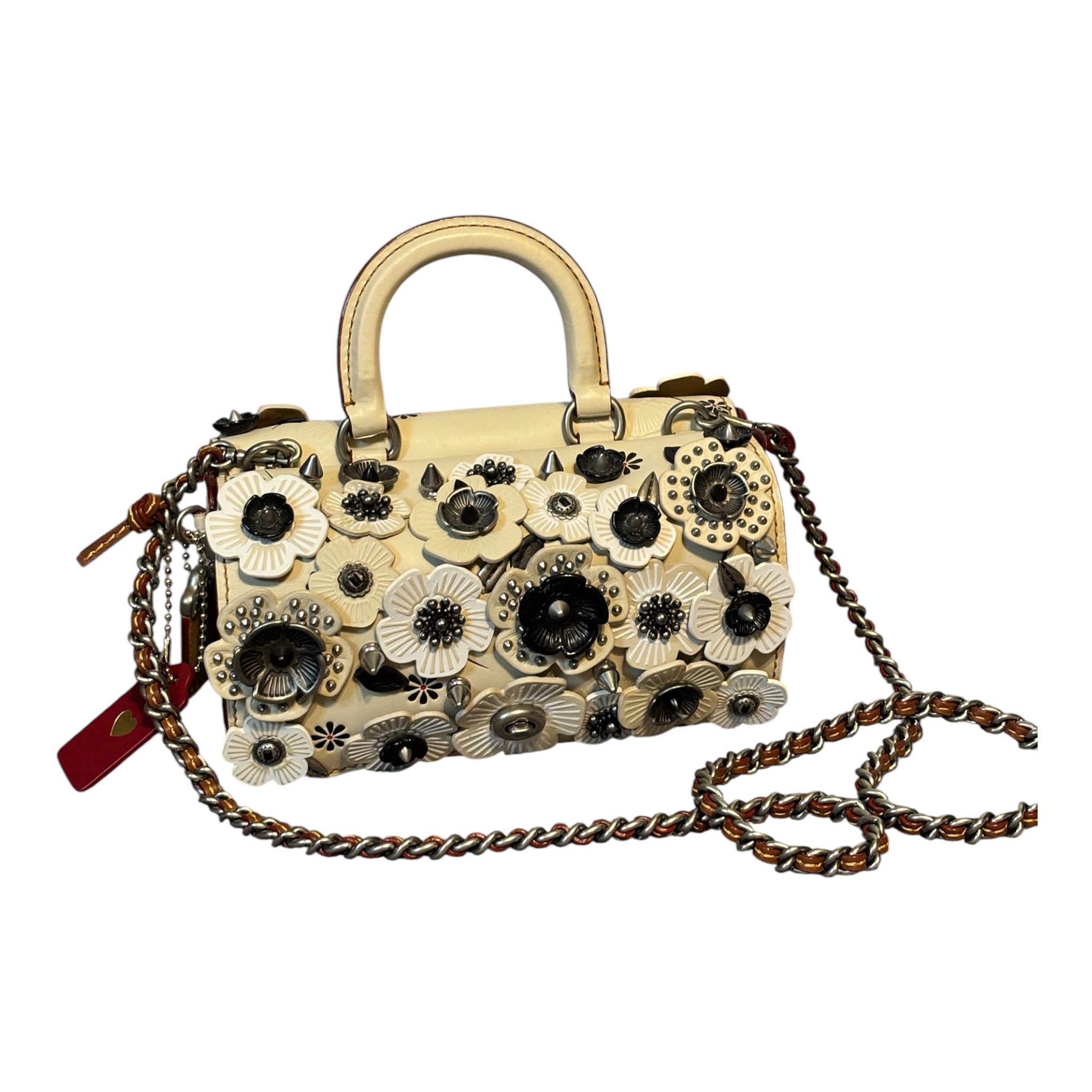 Coach Double Dinky Tea Rose Appliqué Bag – Rare Studded Floral Crossbody in Chalk Glove Tanned Leather
