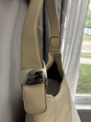 SALVATORE FERRAGAMO WHITE Canvas LEATHER Trim HOBO SHOULDER BAG Needs TLC