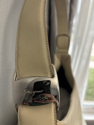 SALVATORE FERRAGAMO WHITE Canvas LEATHER Trim HOBO SHOULDER BAG Needs TLC