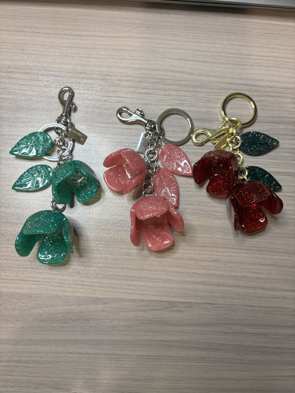 Floral Purse Charms in Green, Pink or Red with Gold or Silver Tone Hardware