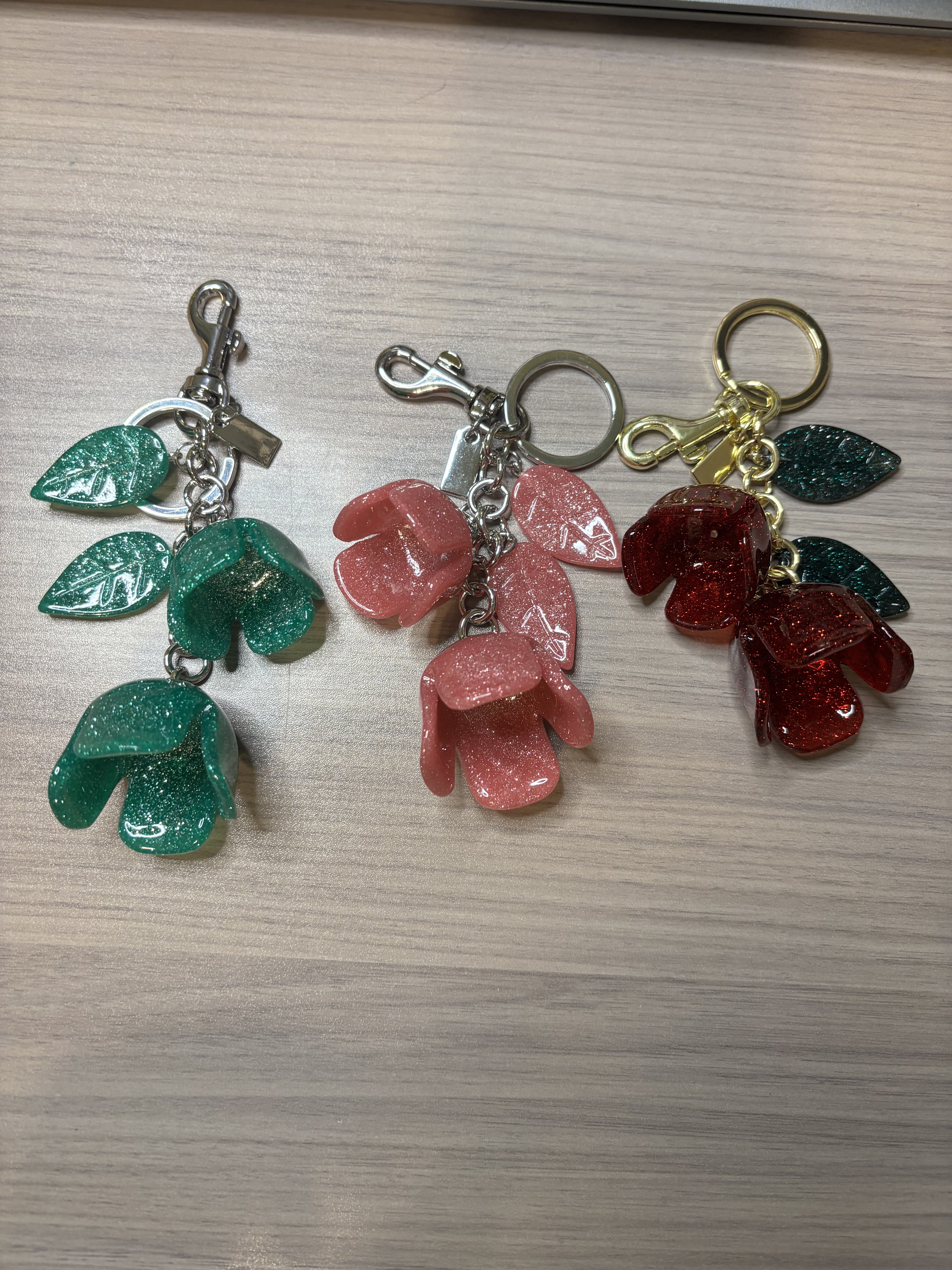 Floral Purse Charms in Green, Pink or Red with Gold or Silver Tone Hardware