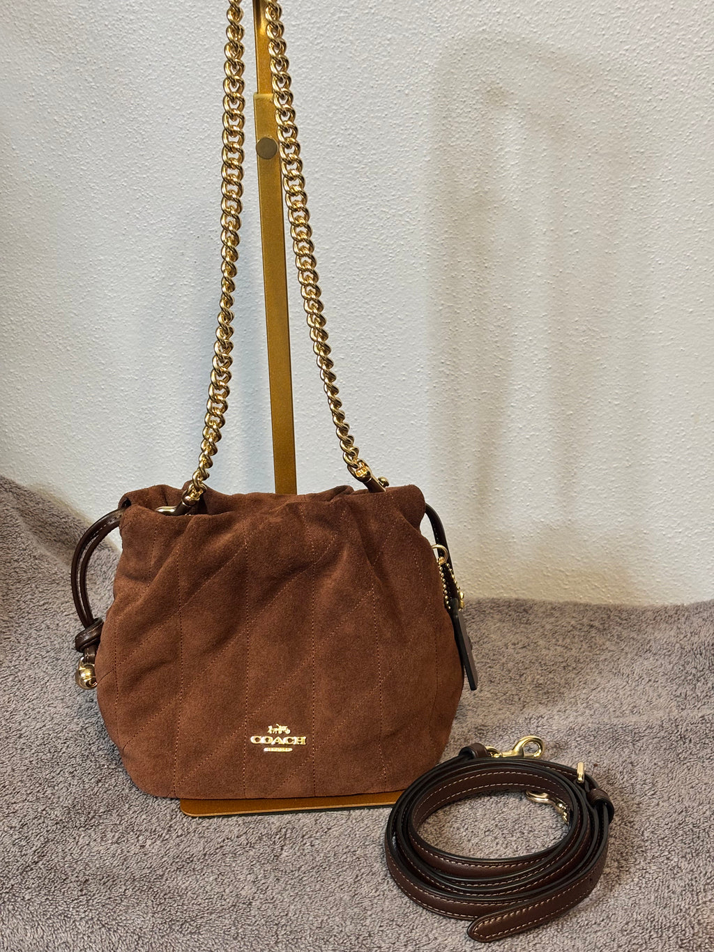 Coach Faye Mini Quilted Suede Drawstring Bag in Maple – New without Tags