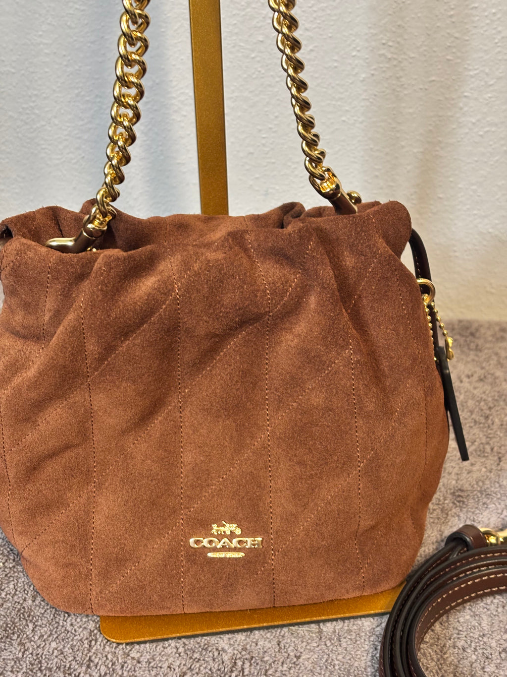 Coach Faye Mini Quilted Suede Drawstring Bag in Maple – New without Tags