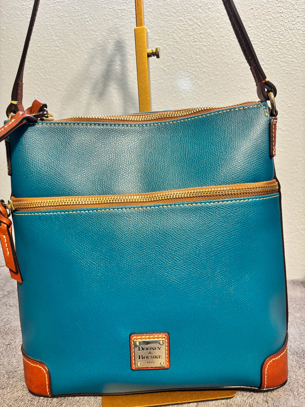 Dooney & Bourke Teal Leather Zip Shoulder Bag Brown Trim