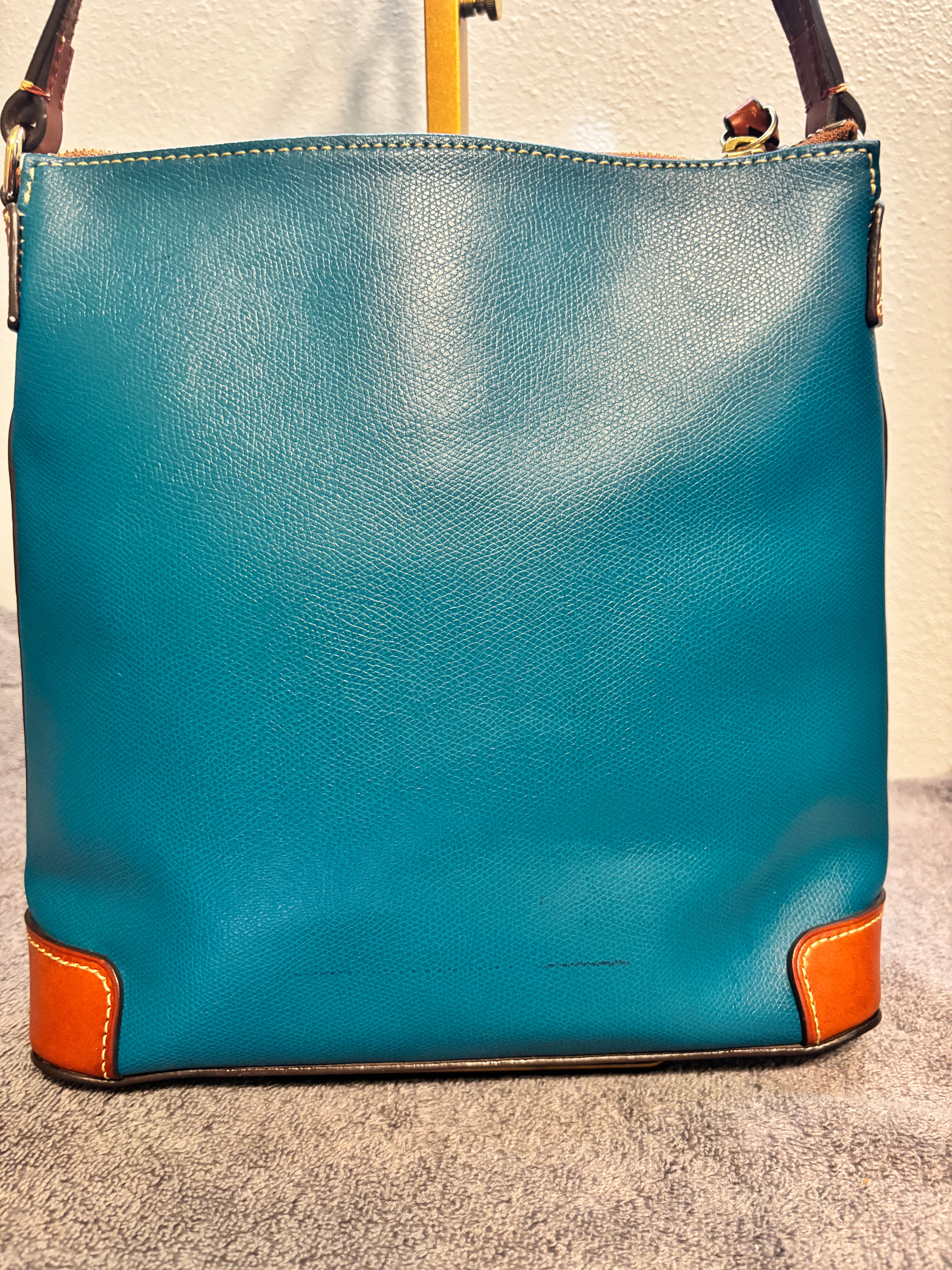 Dooney & Bourke Teal Leather Zip Shoulder Bag Brown Trim