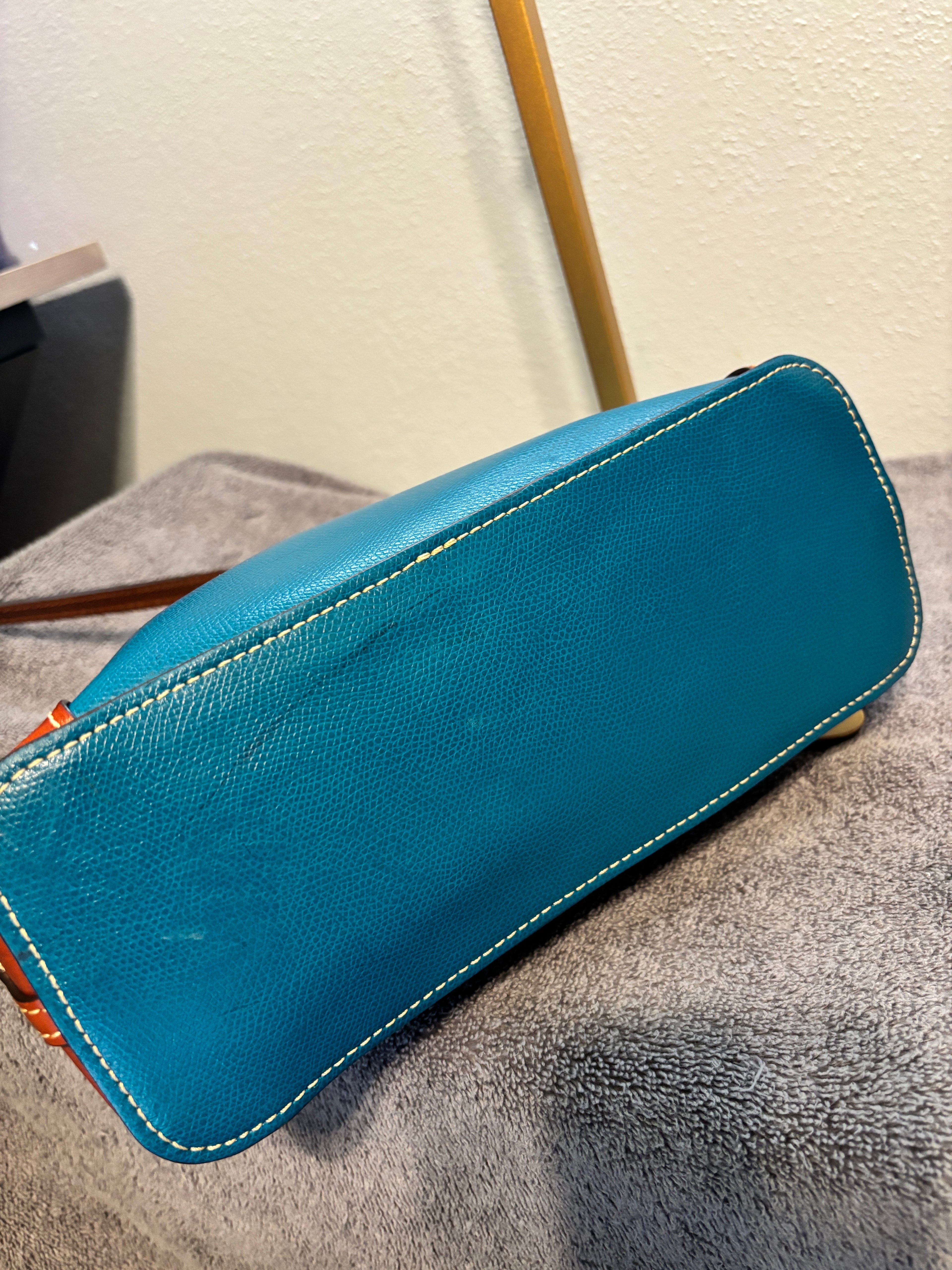 Dooney & Bourke Teal Leather Zip Shoulder Bag Brown Trim