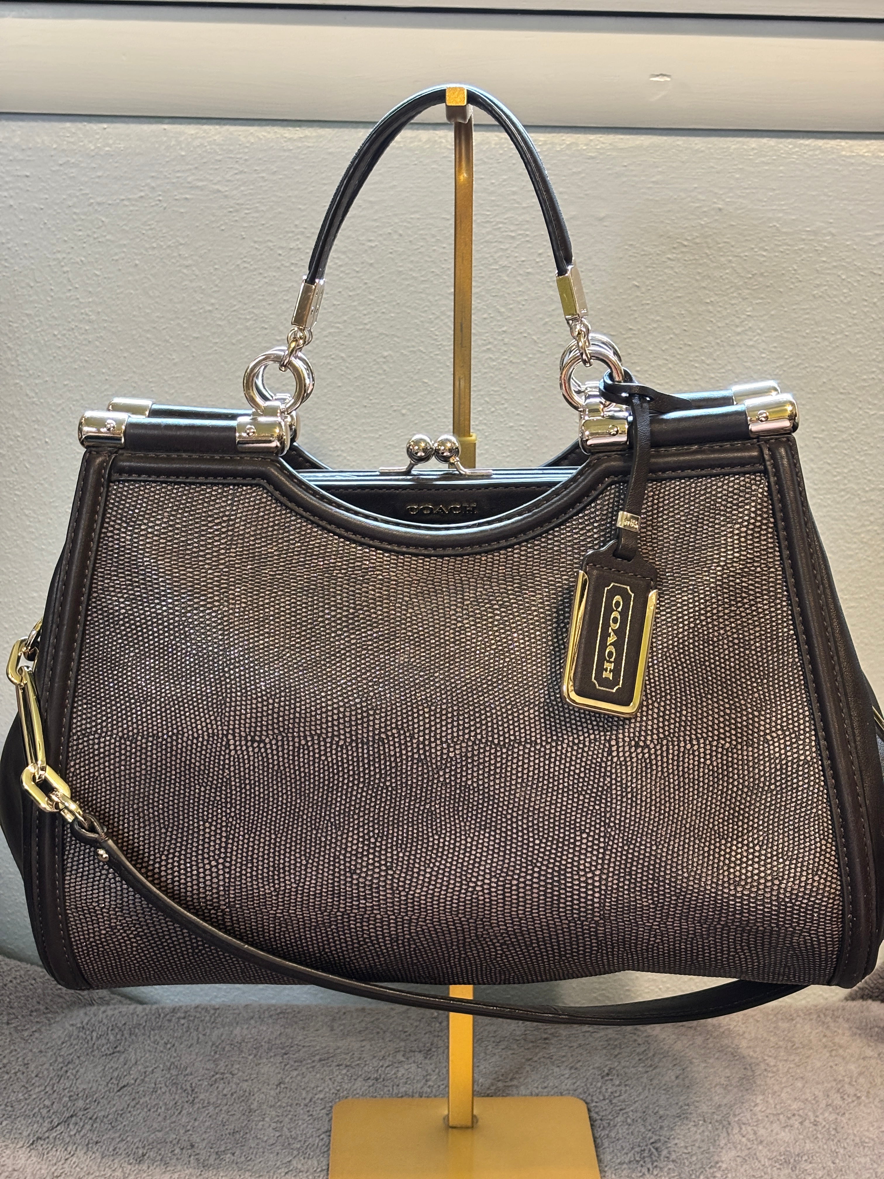 Coach Madison Pinnacle Caroline Kisslock Satchel Lizard Embossed Leather Plum
