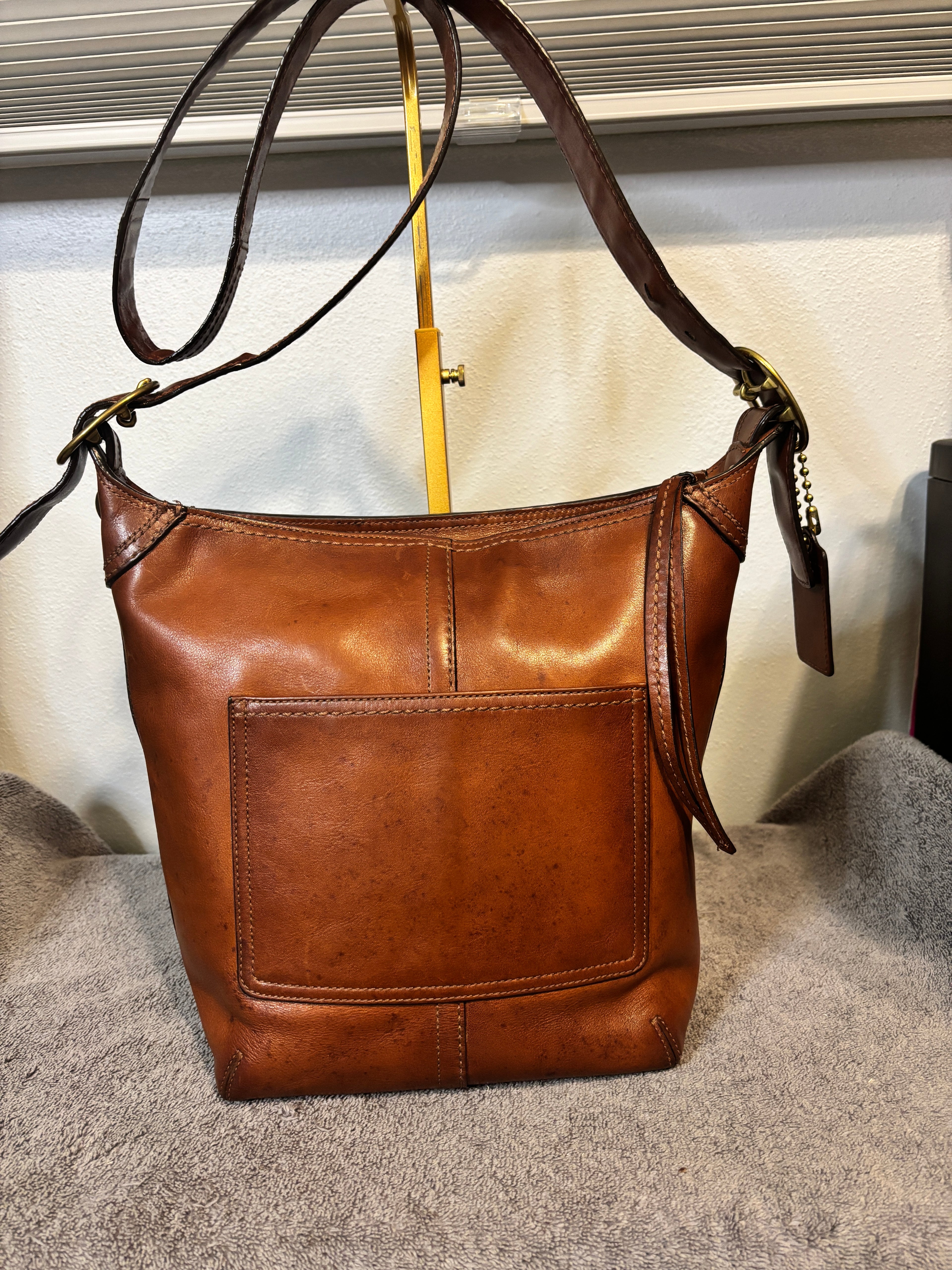 Coach F12376 Cognac Leather Hobo Shoulder Bag Tattersall Lining