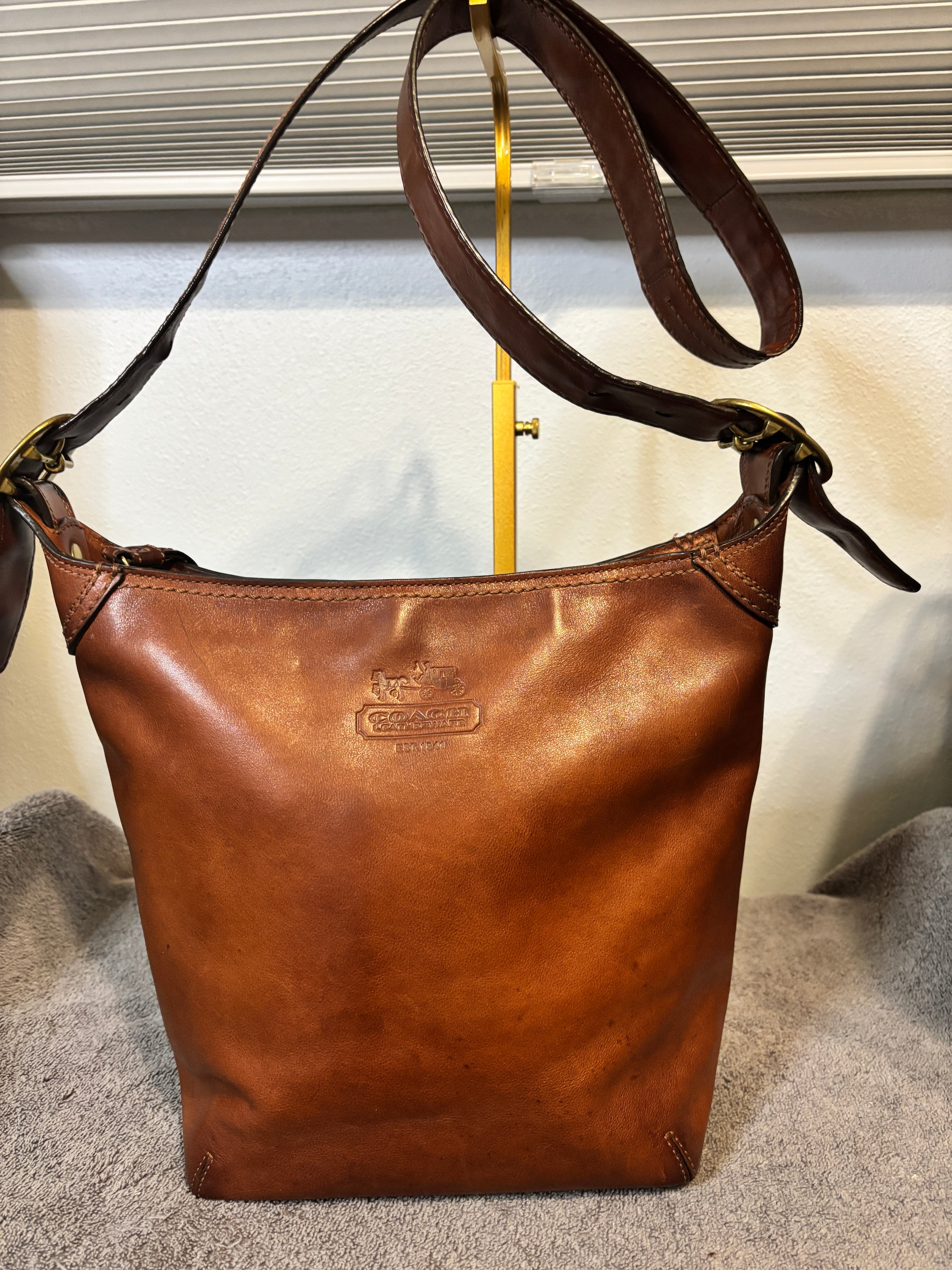 Coach F12376 Cognac Leather Hobo Shoulder Bag Tattersall Lining