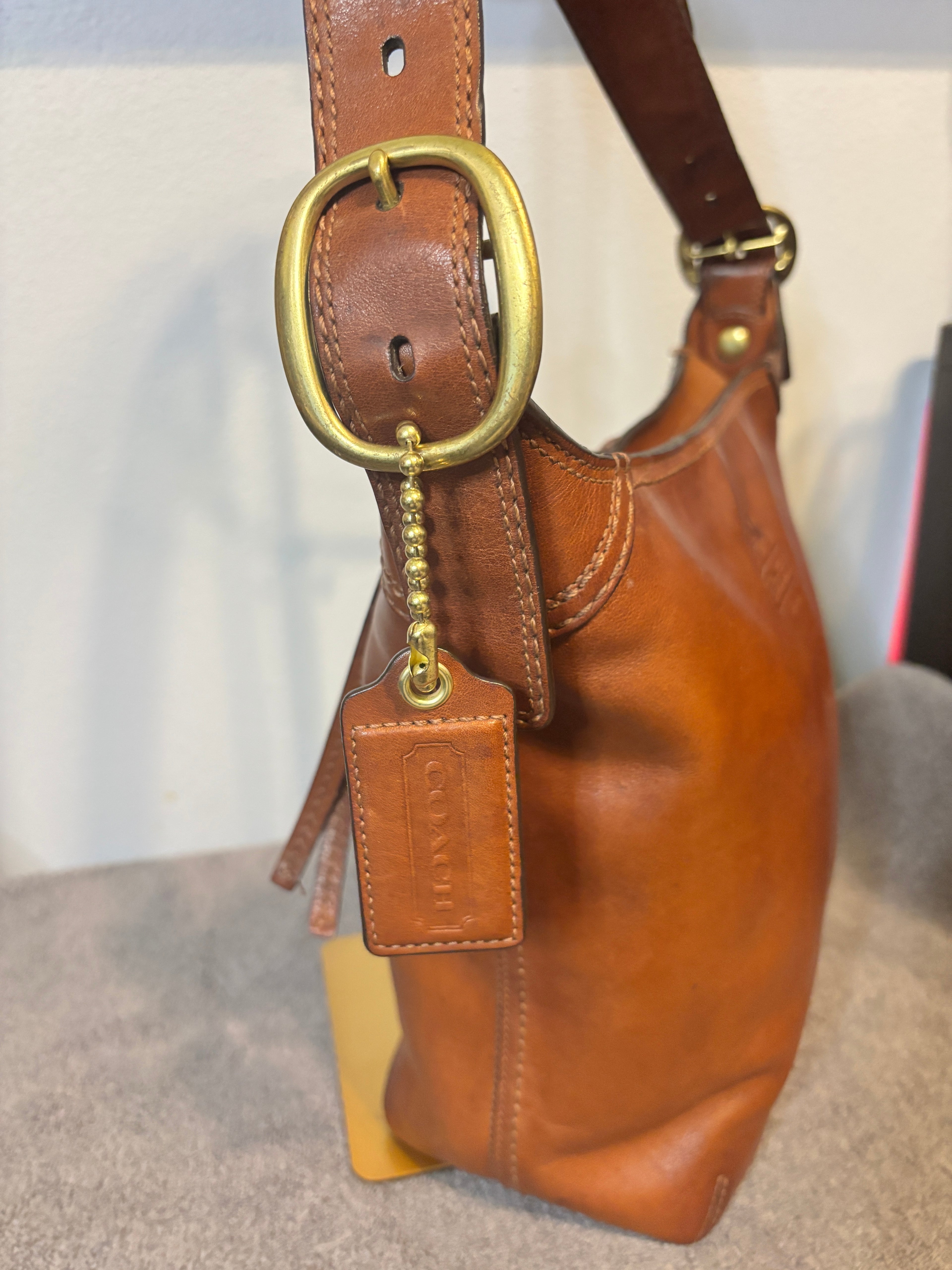 Coach F12376 Cognac Leather Hobo Shoulder Bag Tattersall Lining