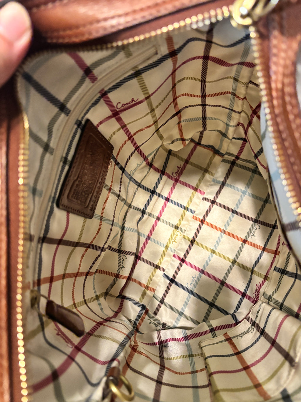 Coach F12376 Cognac Leather Hobo Shoulder Bag Tattersall Lining