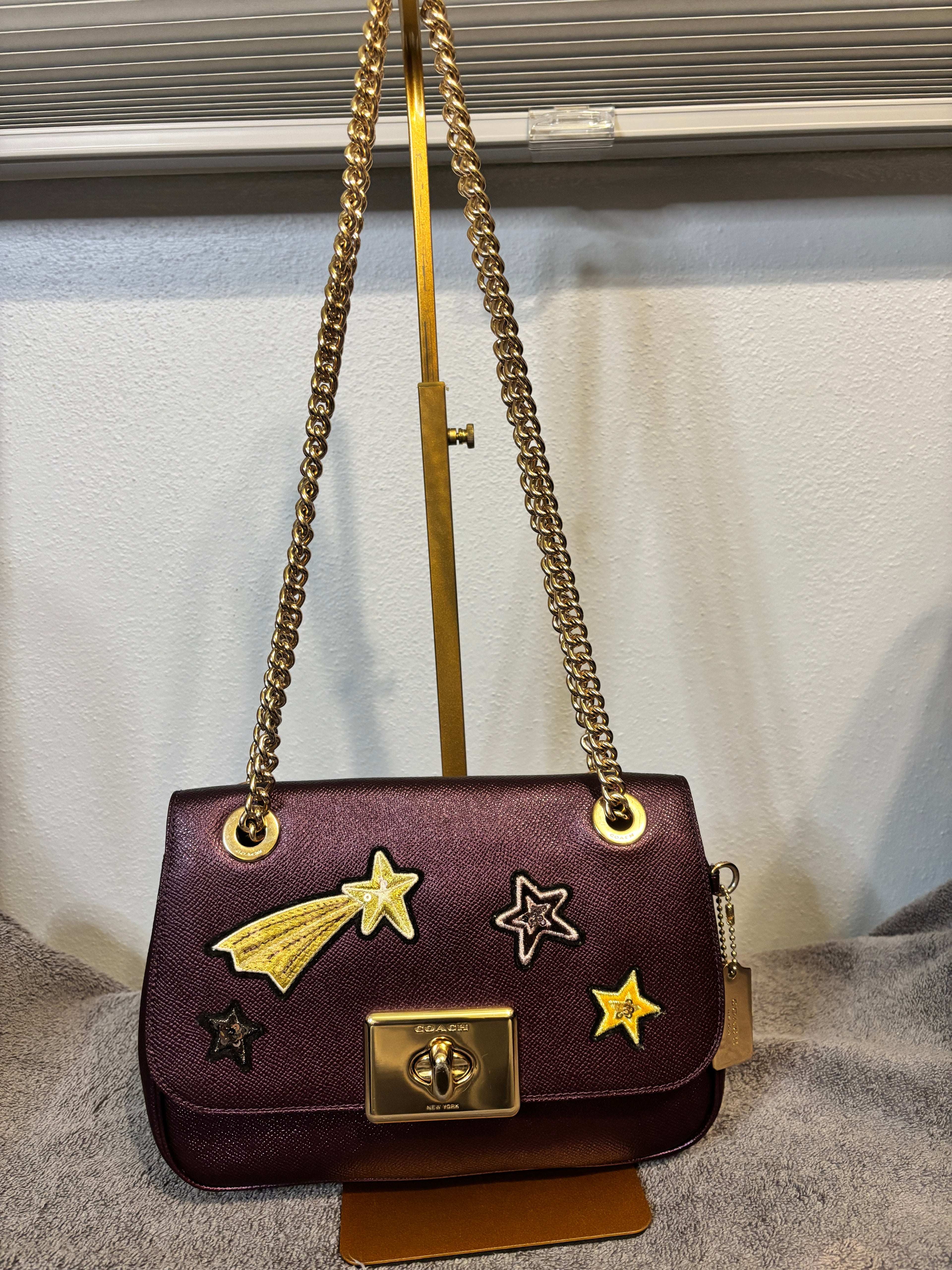 Coach Cassidy Star Patch Purple Leather Chain Flap Bag F38341