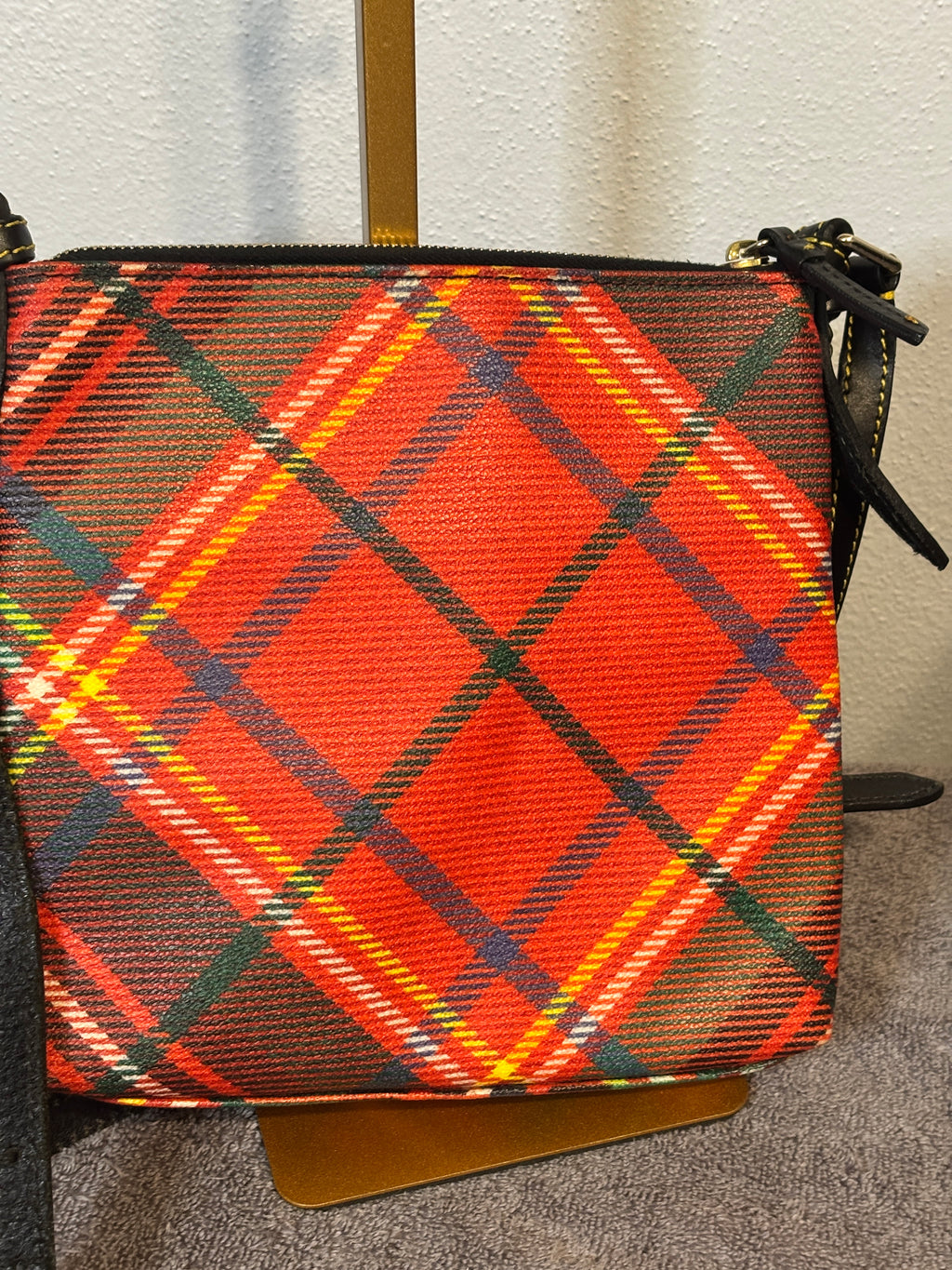 Dooney & Bourke Tartan Plaid Crossbody Bag Red Black Green Coated Canvas Leather Trim