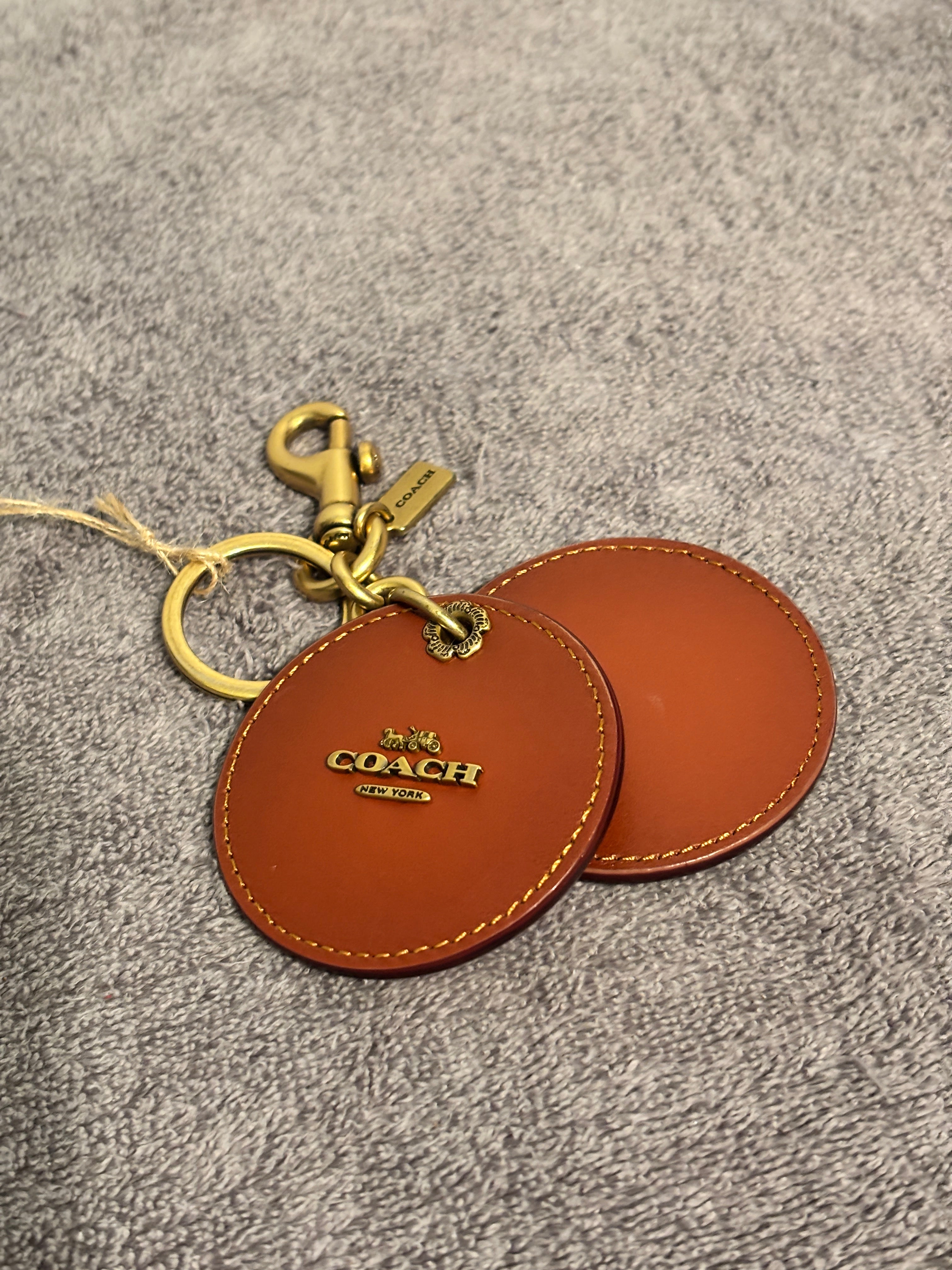 Coach Signature Canvas Compact Mirror Charm Keychain Brown Saddle Leather Brass