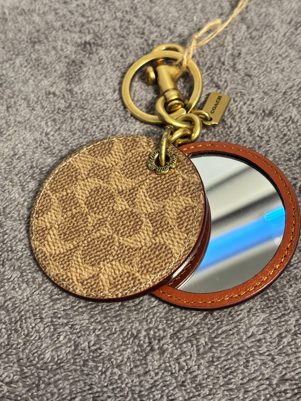 Coach Signature Canvas Compact Mirror Charm Keychain Brown Saddle Leather Brass