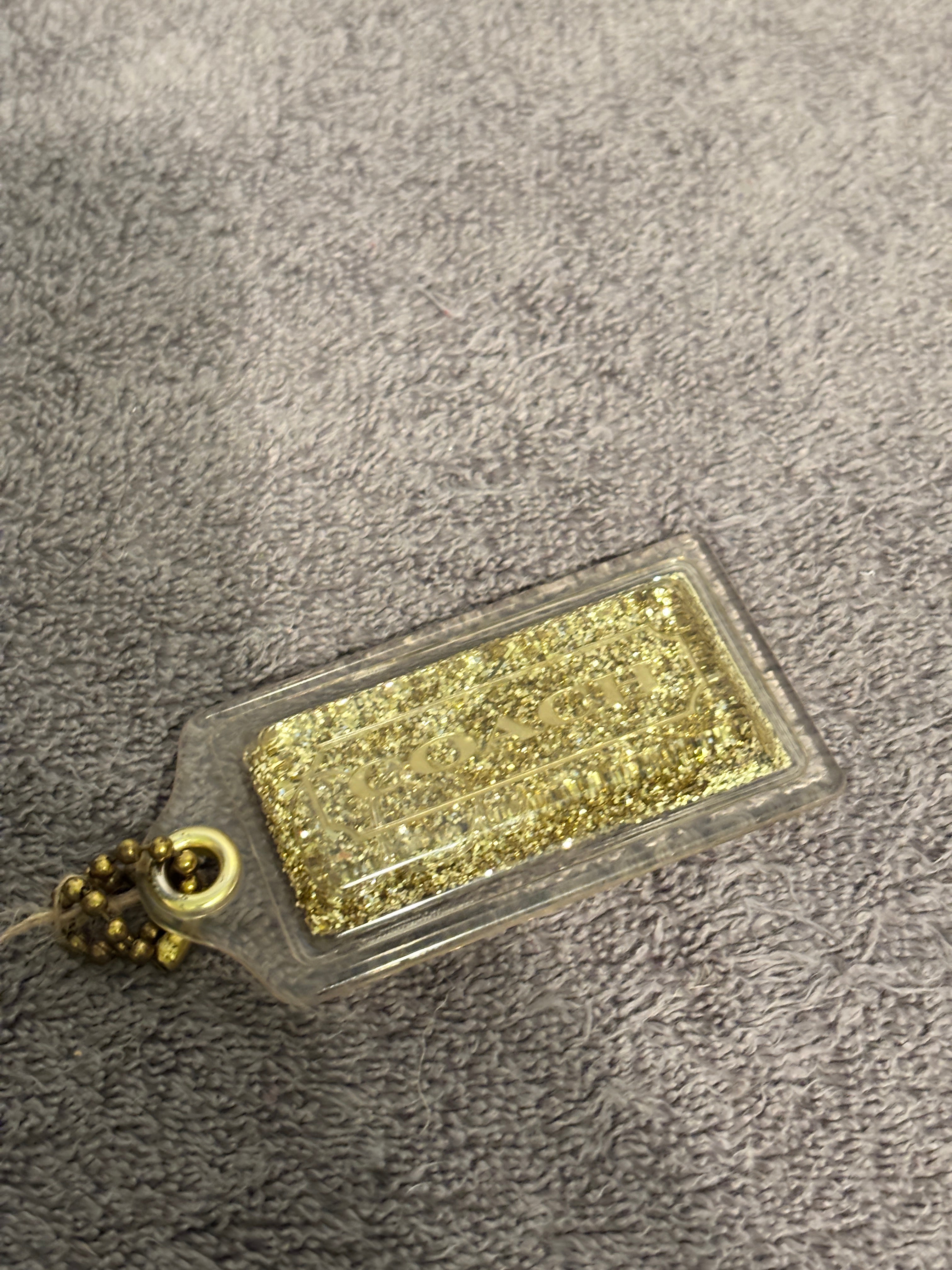 Coach Clear Gold Glitter Hangtag Bag Charm Keychain Fob