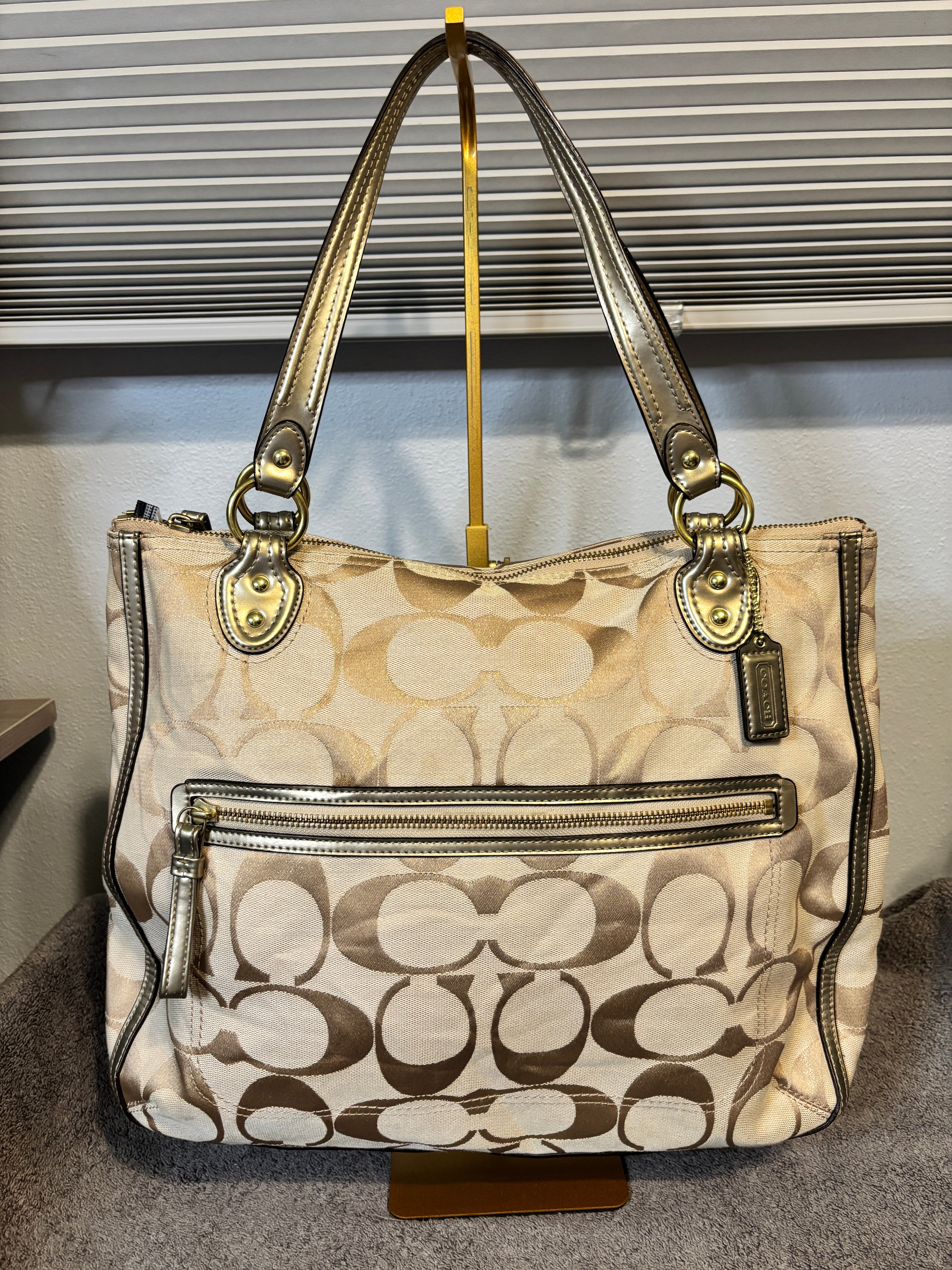 Coach Poppy Hallie East West Tote 22447 Beige Metallic Signature Shoulder Bag