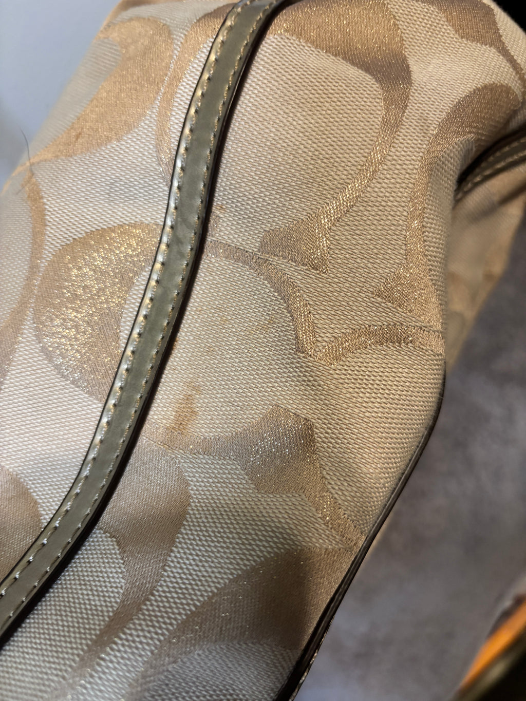 Coach Poppy Hallie East West Tote 22447 Beige Metallic Signature Shoulder Bag