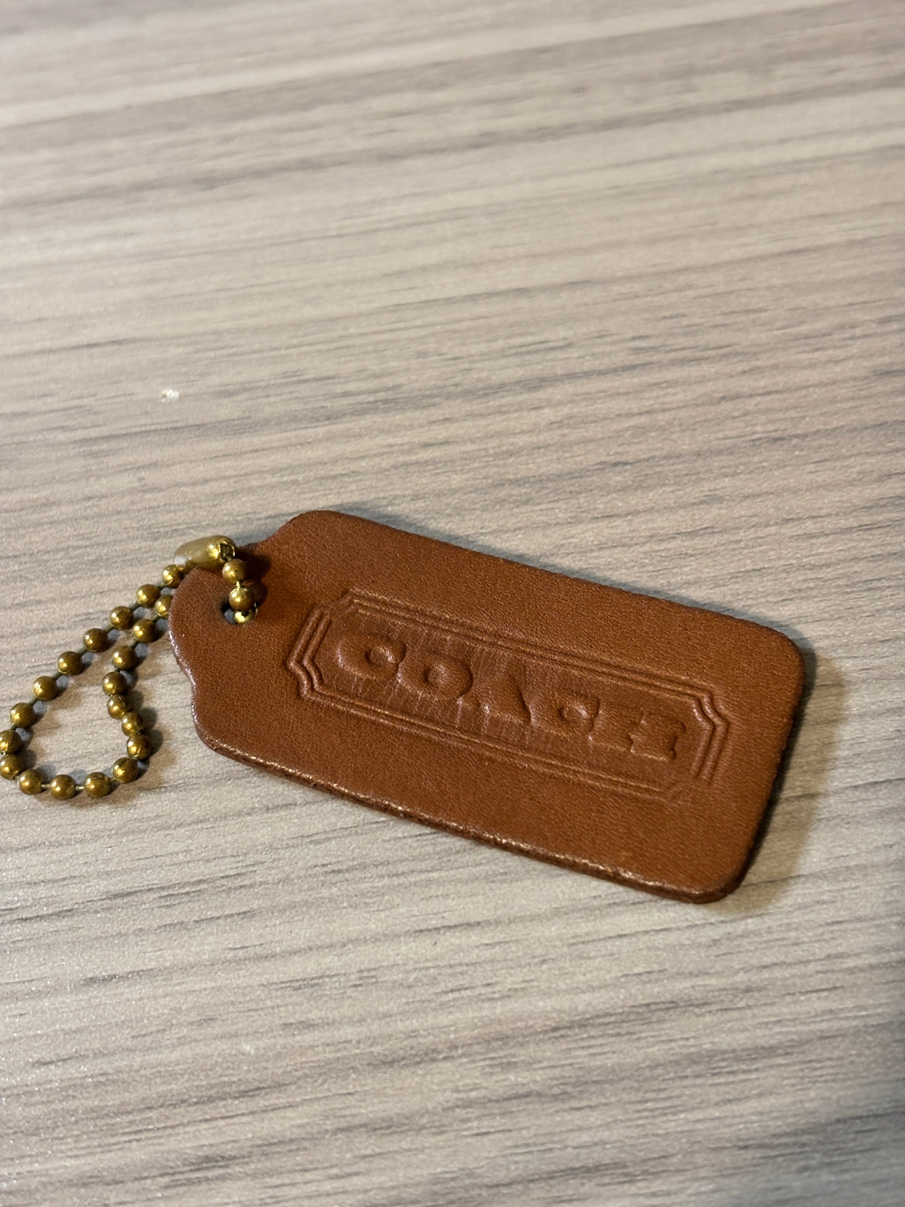 Vintage Coach British Tan Leather Double-Sided Hang Tag with Ball Chain