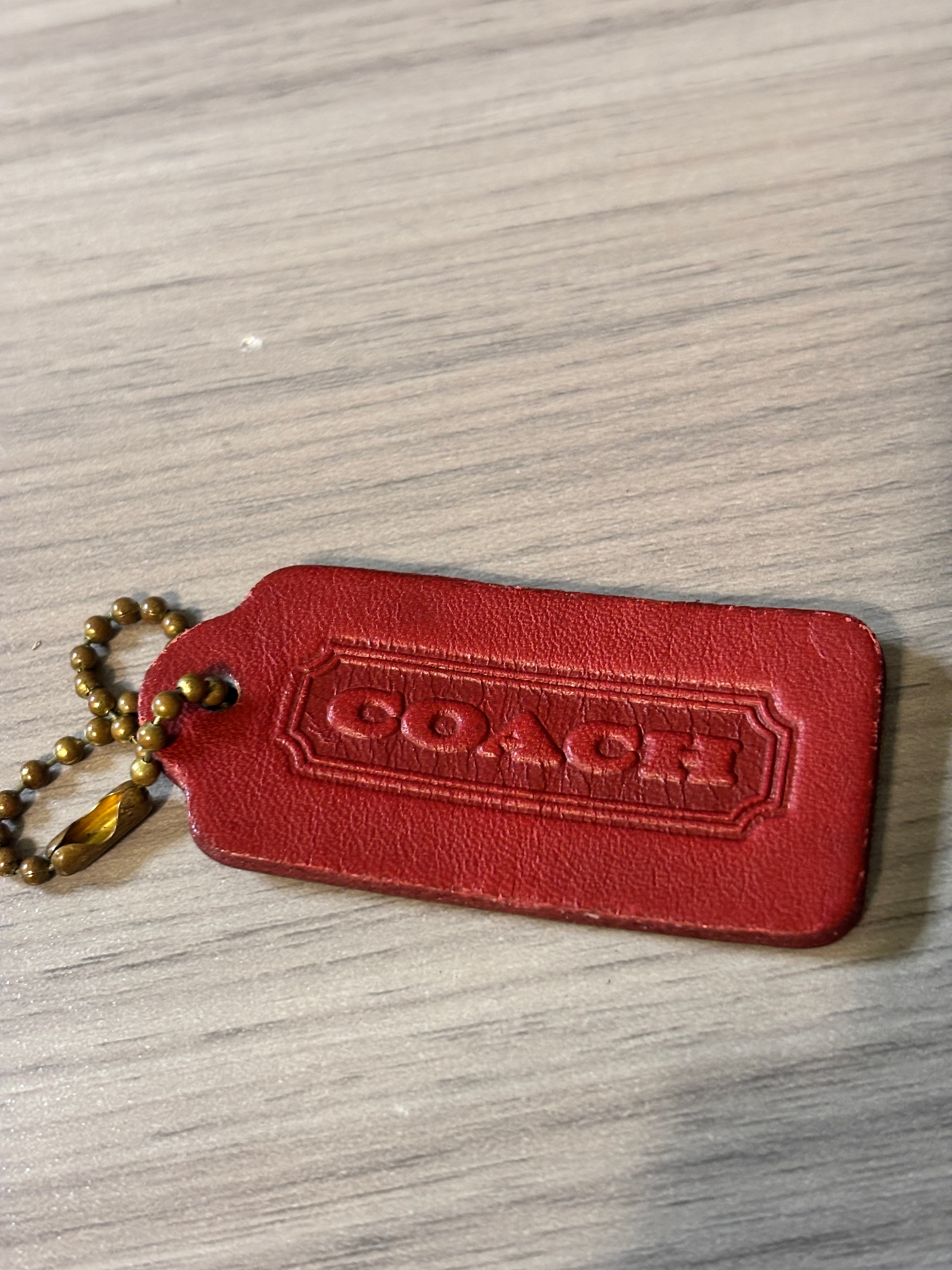 Vintage Coach Red Leather Double-Sided Hang Tag with Brass Ball Chain