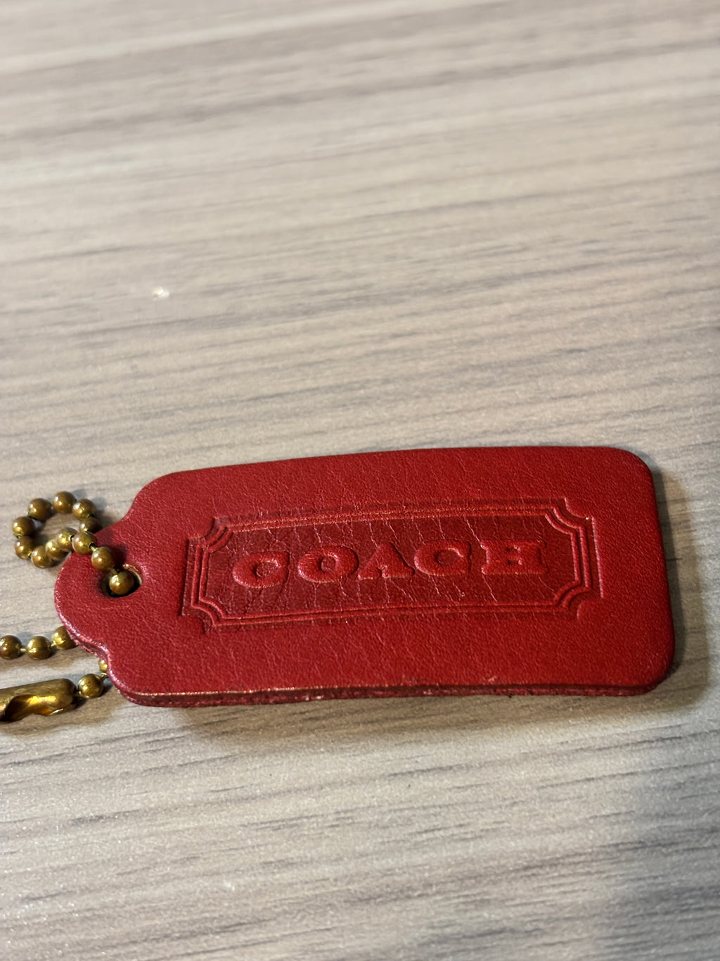 Vintage Coach Red Leather Double-Sided Hang Tag with Brass Ball Chain