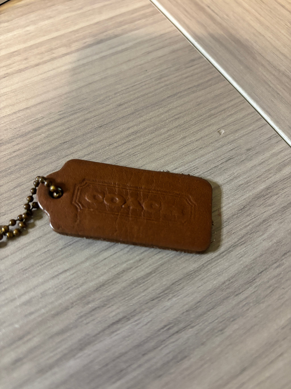 Vintage Coach Brown Leather Double-Sided Hang Tag with Brass Ball Chain