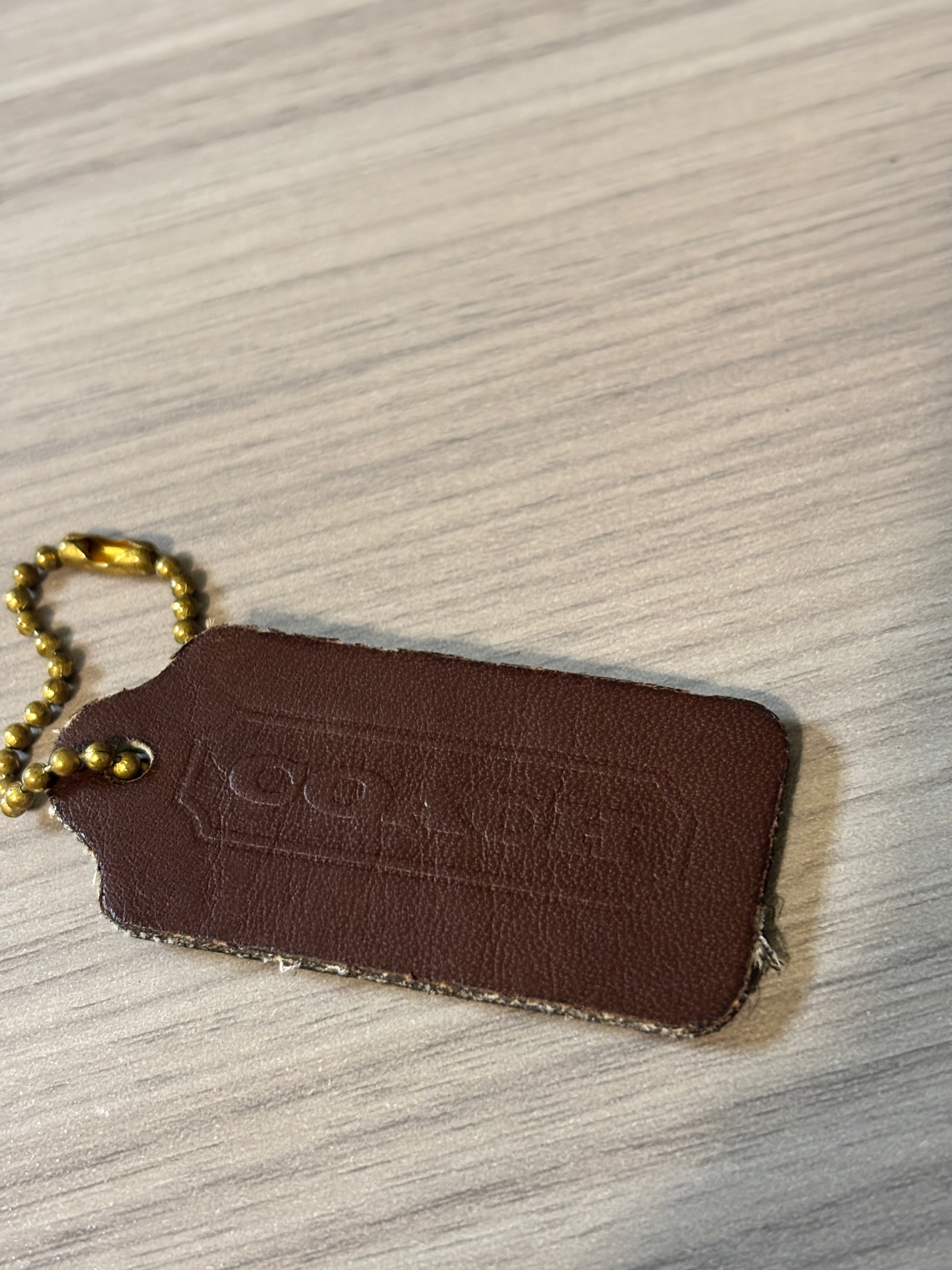 Vintage Coach Dark Brown Leather Double-Sided Hang Tag with Brass Ball Chain