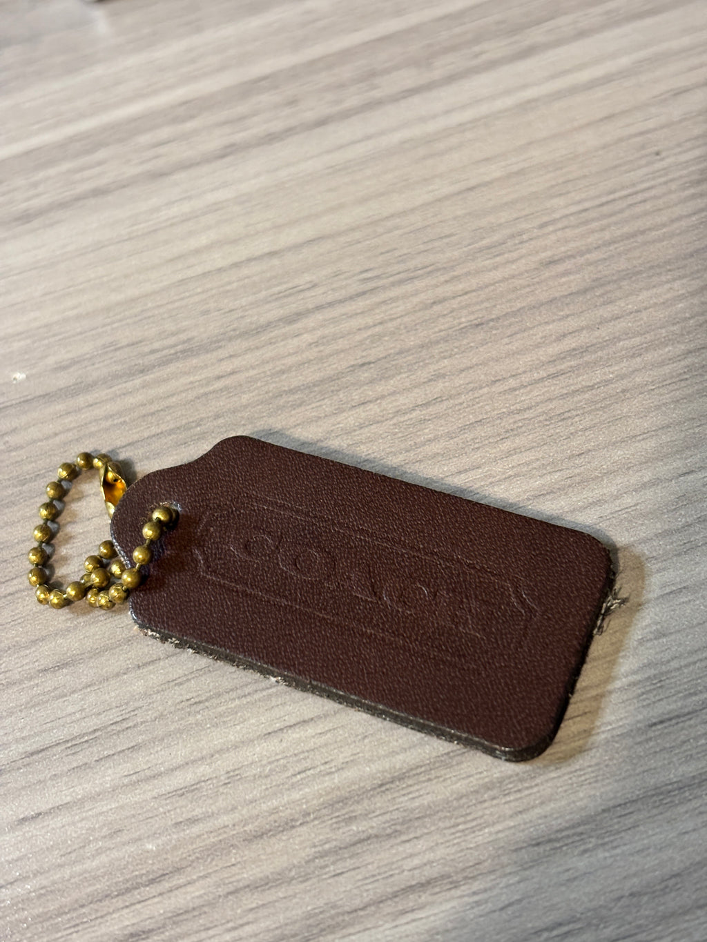 Vintage Coach Dark Brown Leather Double-Sided Hang Tag with Brass Ball Chain
