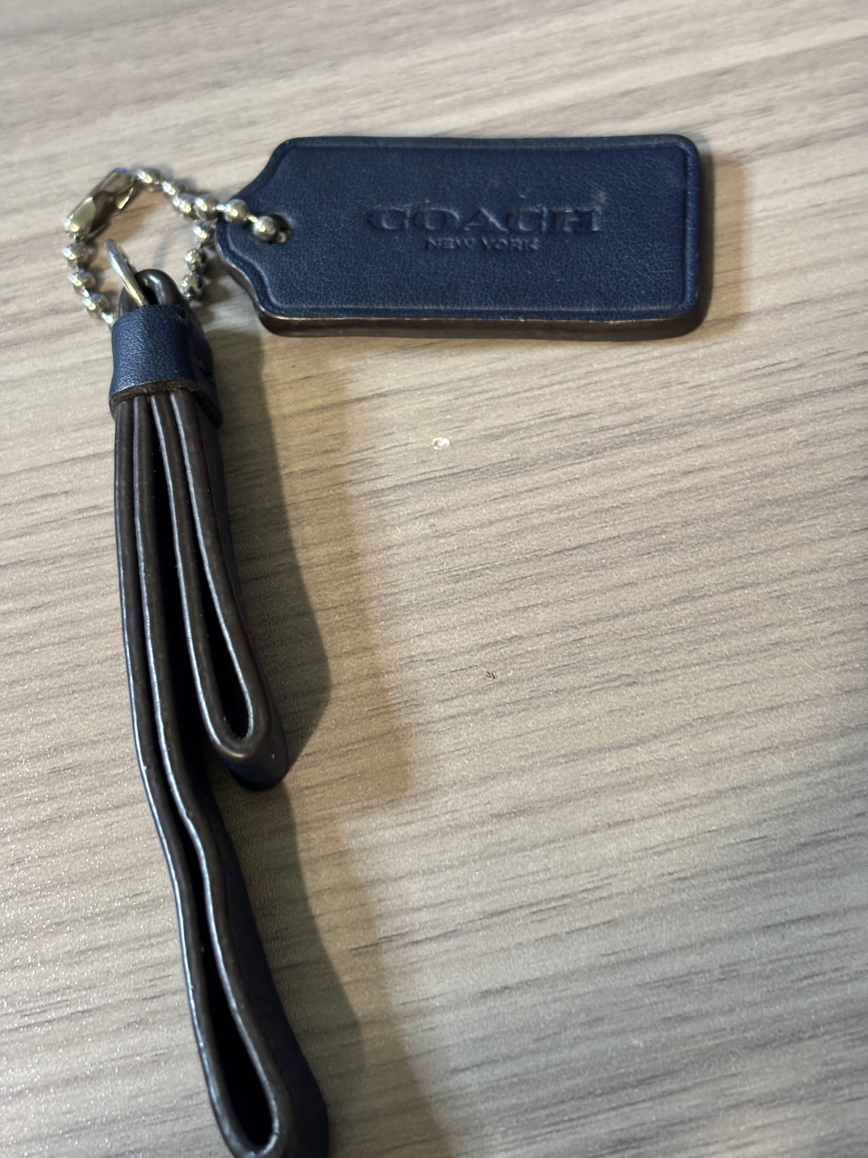 Coach Navy Blue Leather Double Loop Bag Charm Hang Tag Silver Tone