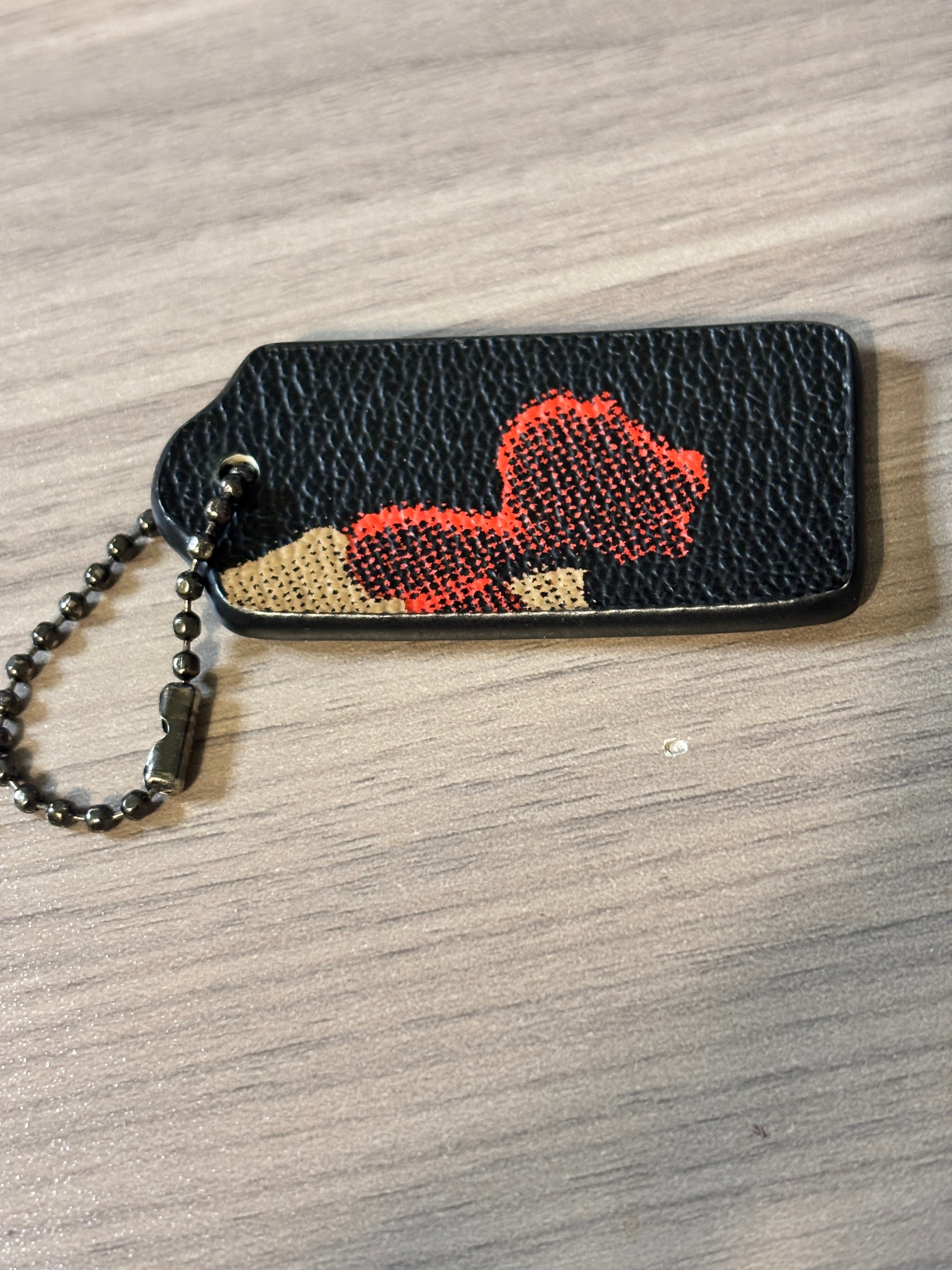 Coach Black Leather Floral Print Hang Tag with Gunmetal Ball Chain
