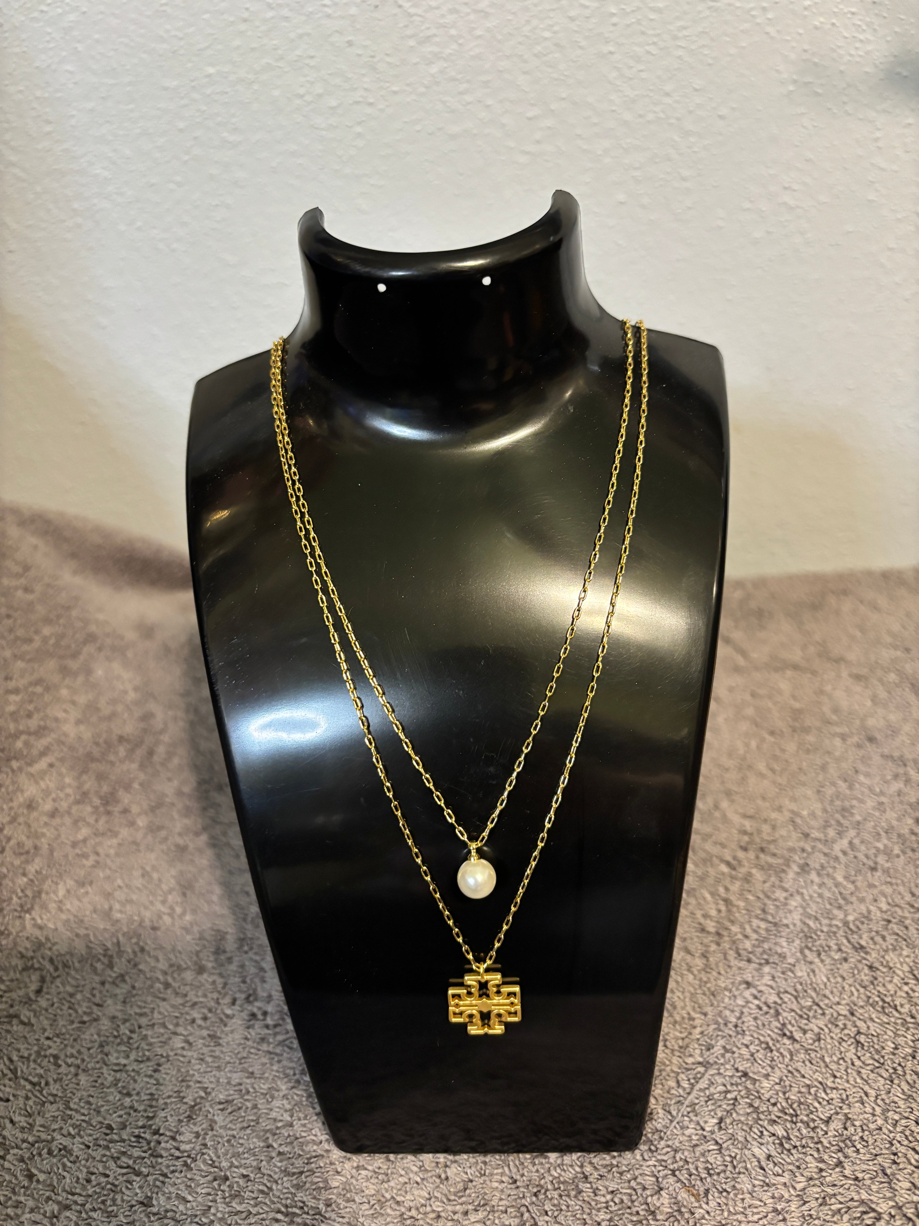 Tory Burch Gold Tone Layered Logo & Faux Pearl Pendant Necklace NWT