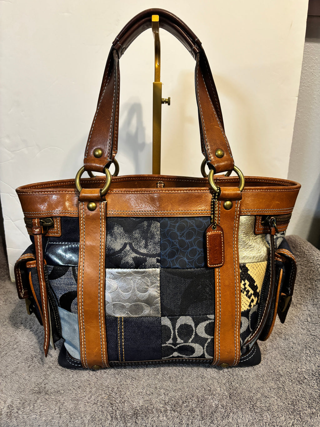Vintage Coach 10002 Legacy Denim Patchwork Tote Whiskey Leather Y2K