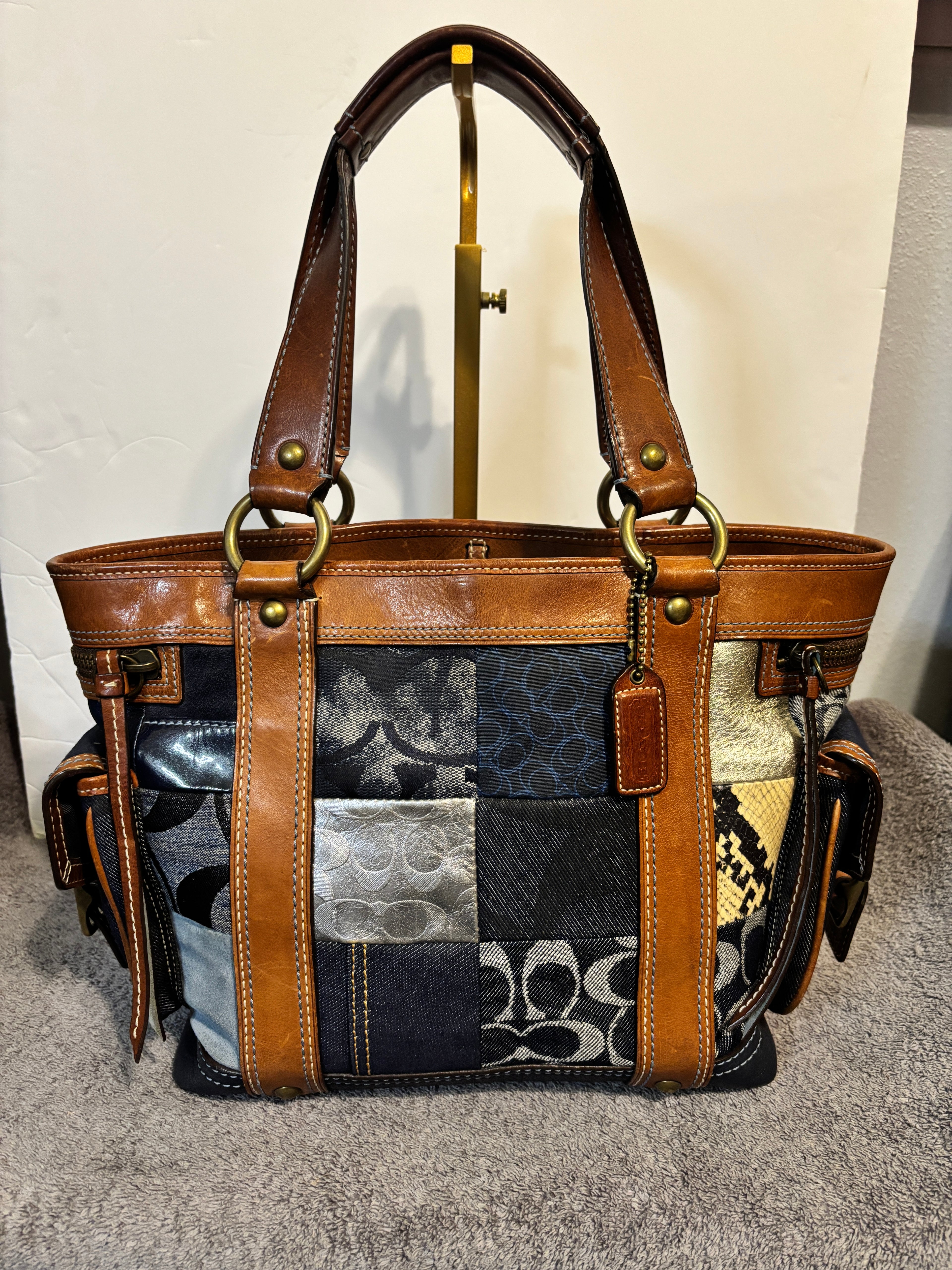 Vintage Coach 10002 Legacy Denim Patchwork Tote Whiskey Leather Y2K
