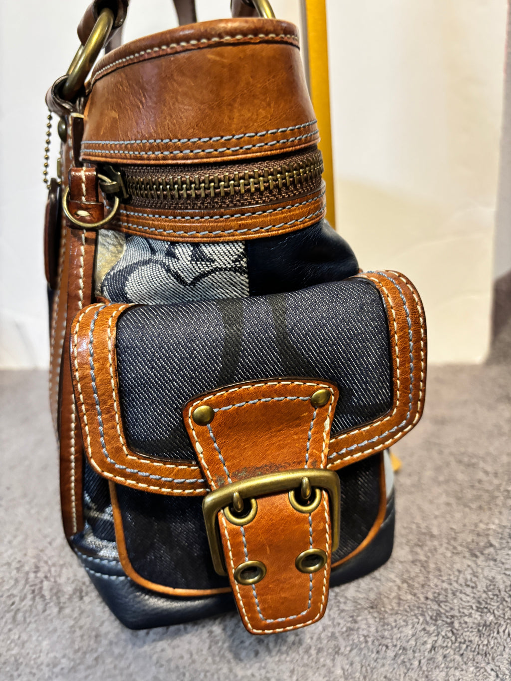Vintage Coach 10002 Legacy Denim Patchwork Tote Whiskey Leather Y2K