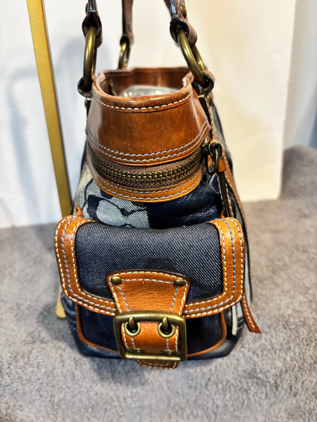 Vintage Coach 10002 Legacy Denim Patchwork Tote Whiskey Leather Y2K