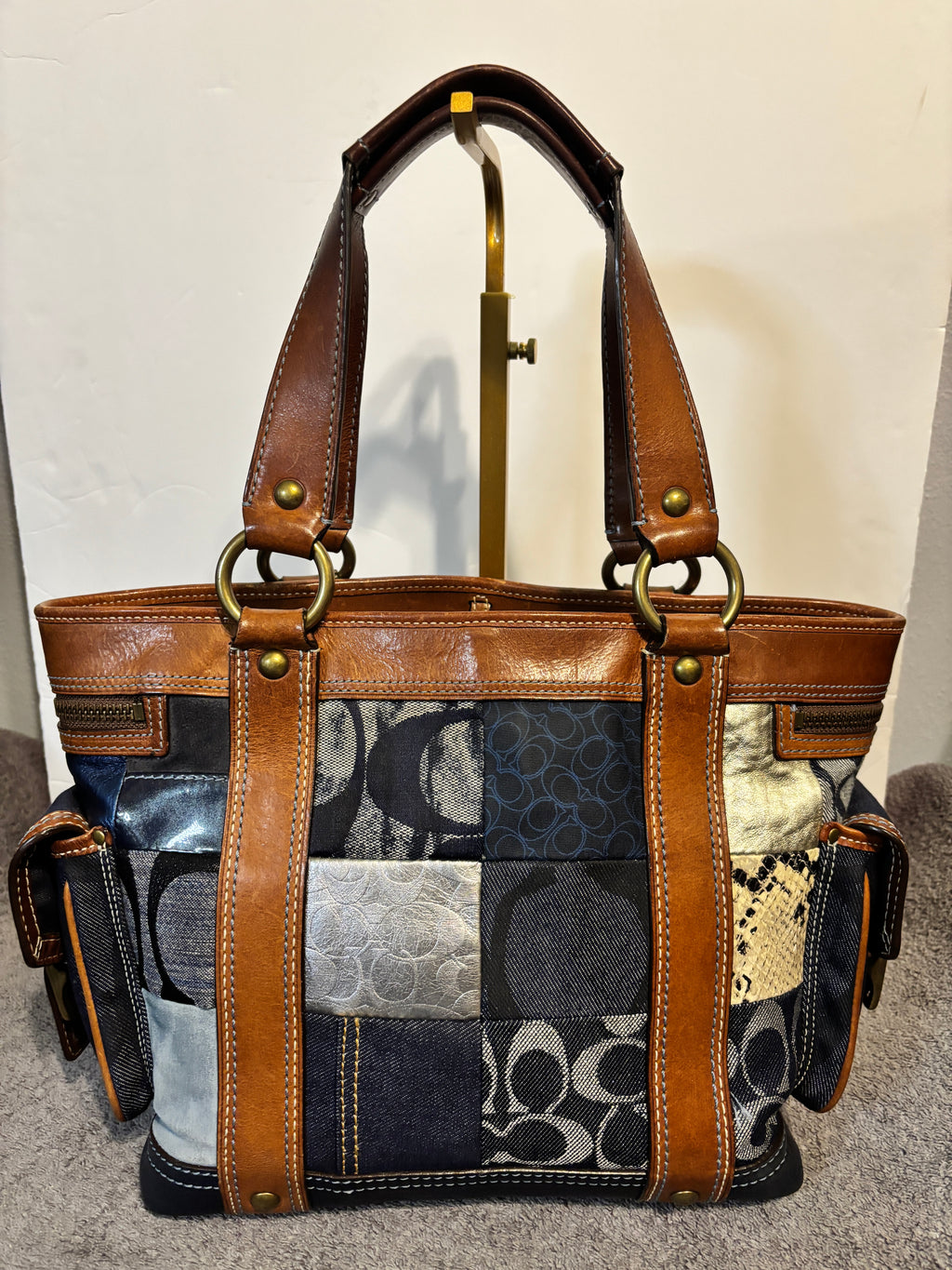 Vintage Coach 10002 Legacy Denim Patchwork Tote Whiskey Leather Y2K