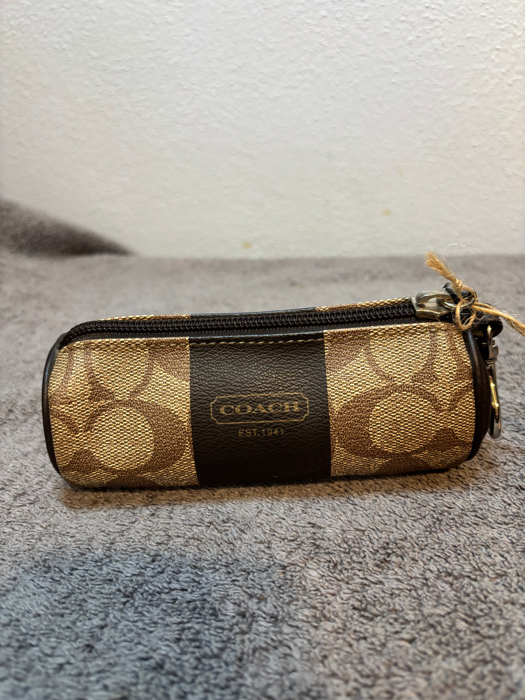 Coach Signature Canvas Golf Ball Holder Case Brown Leather Trim Clip