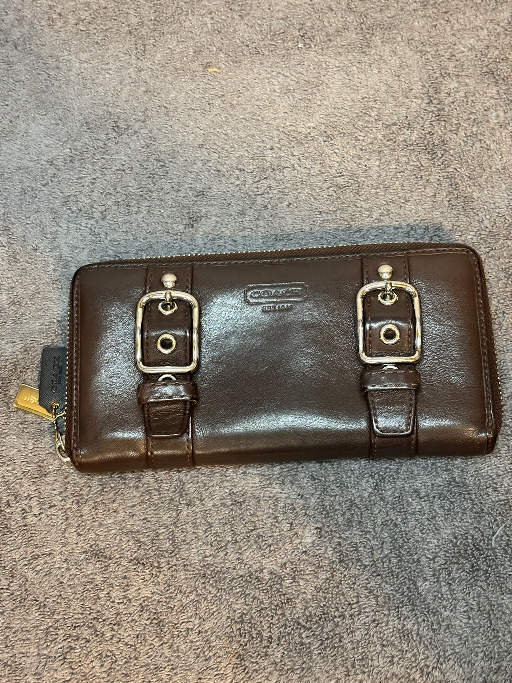 Vintage Coach Zoe Chocolate Leather Double Buckle Zip Around Wallet