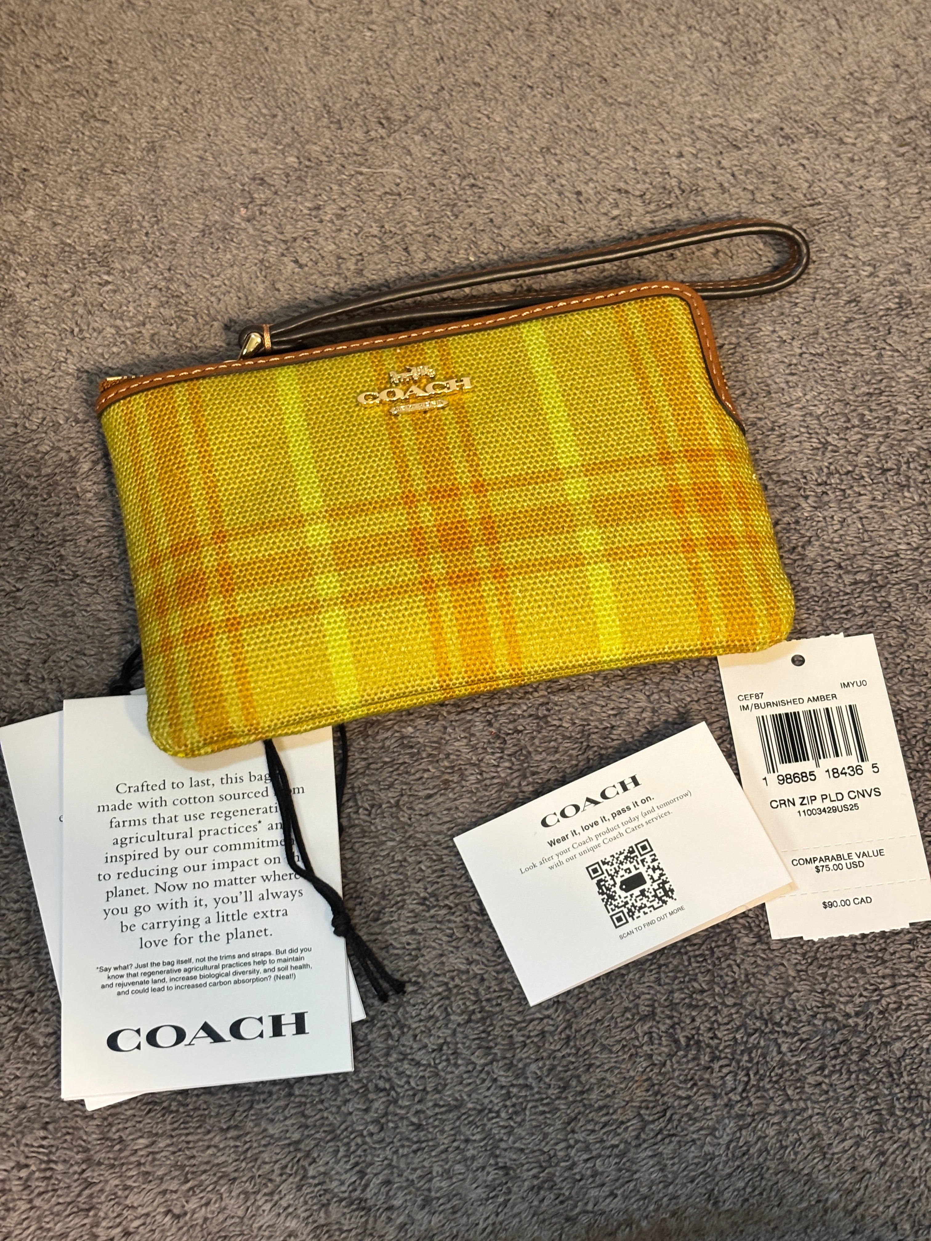Coach CEF87 Corner Zip Wristlet Regenerative Cotton Plaid Burnished Amber NWT