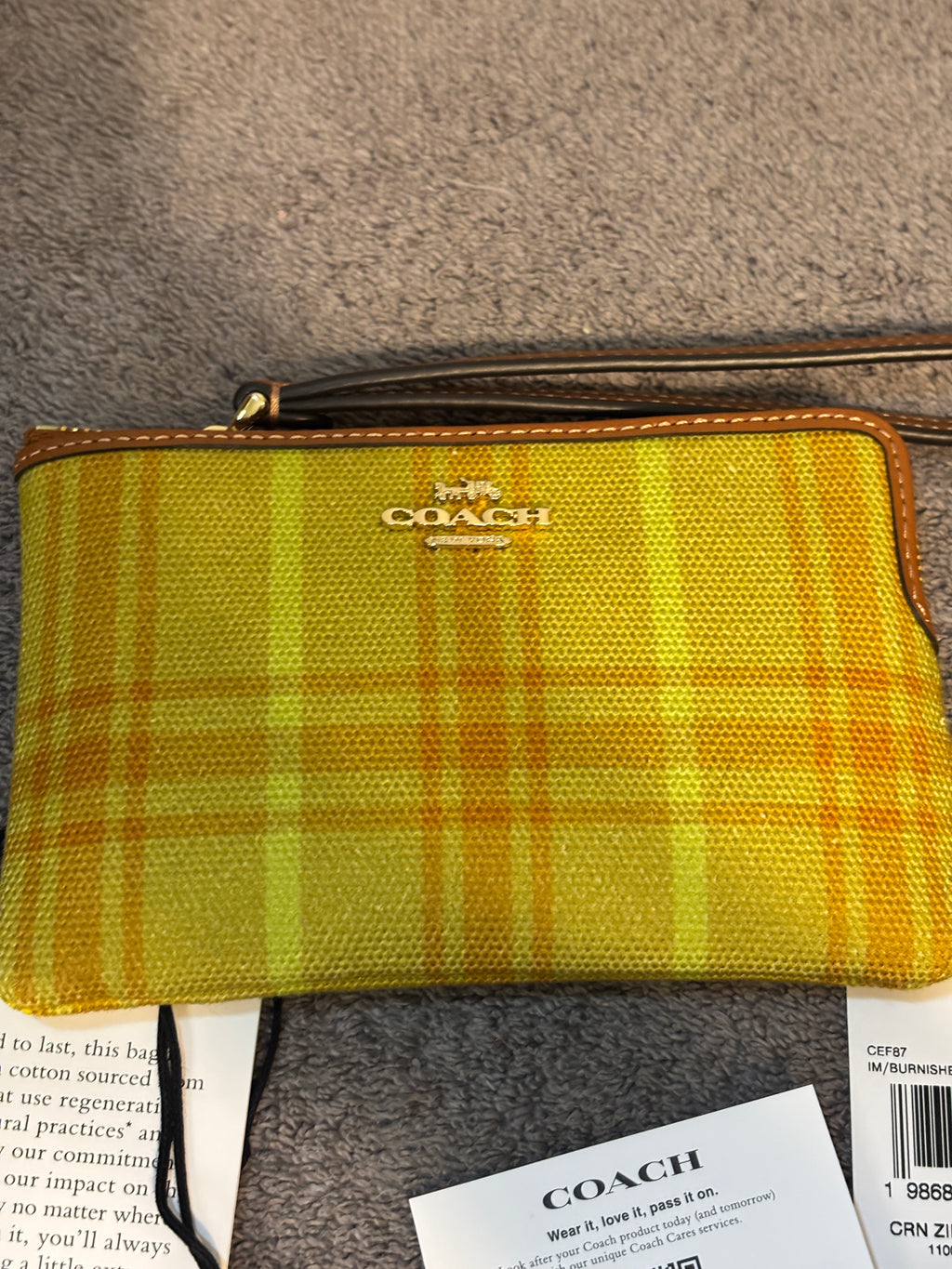 Coach CEF87 Corner Zip Wristlet Regenerative Cotton Plaid Burnished Amber NWT