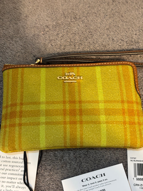 Coach CEF87 Corner Zip Wristlet Regenerative Cotton Plaid Burnished Amber NWT