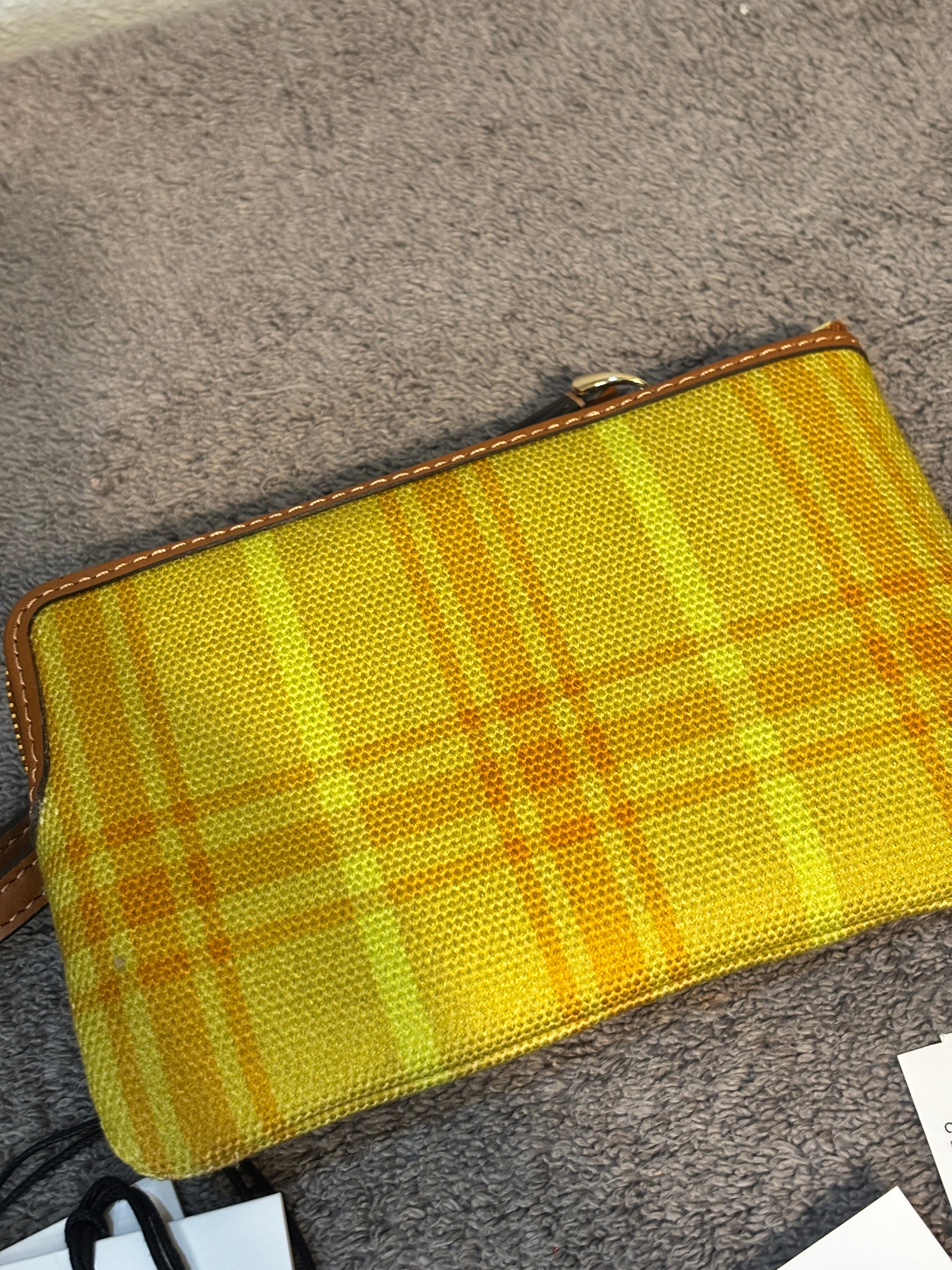 Coach CEF87 Corner Zip Wristlet Regenerative Cotton Plaid Burnished Amber NWT