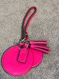 Coach Pink Leather Round Compact Mirror Wristlet Tassel Charm