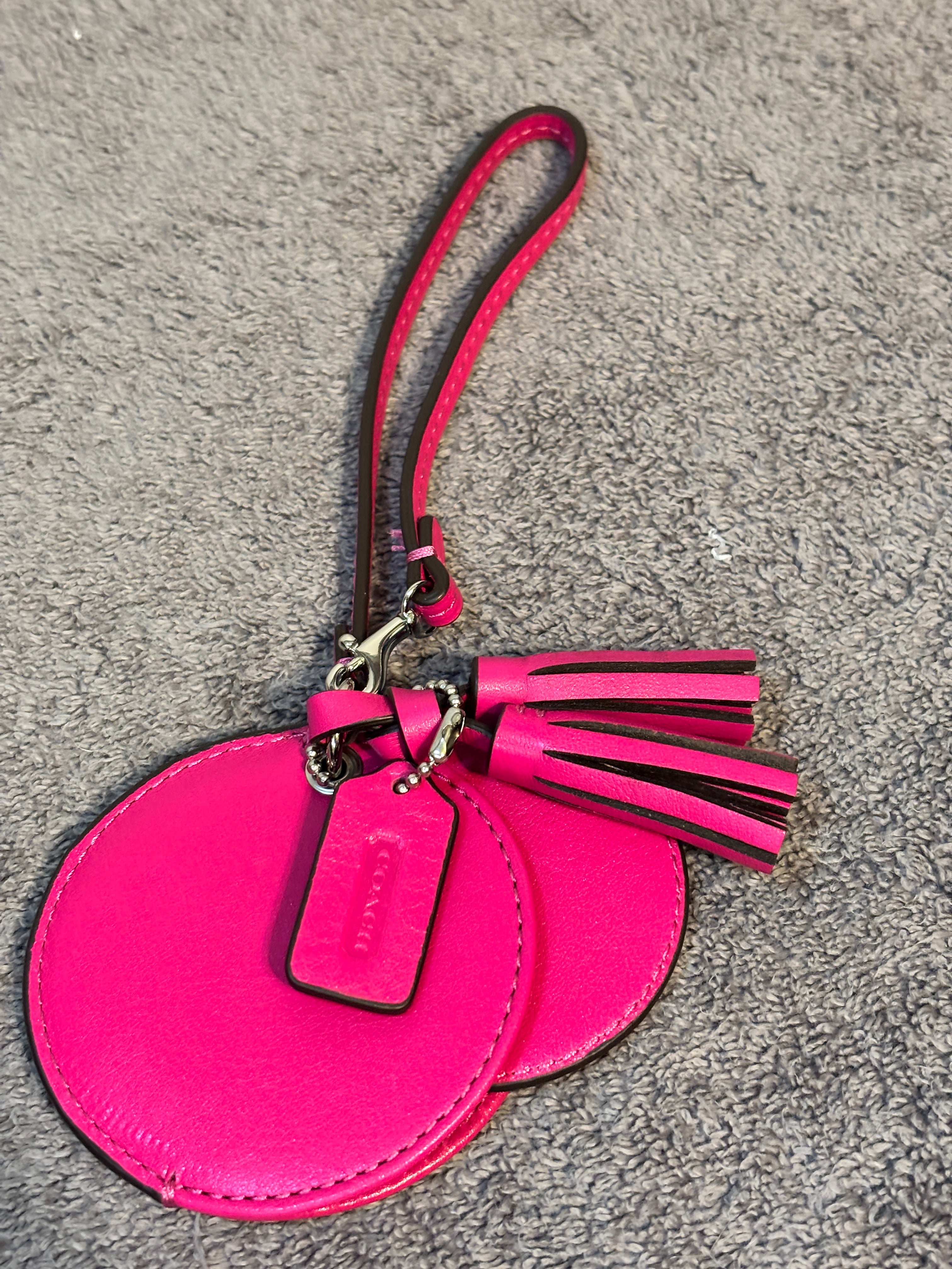 Coach Pink Leather Round Compact Mirror Wristlet Tassel Charm