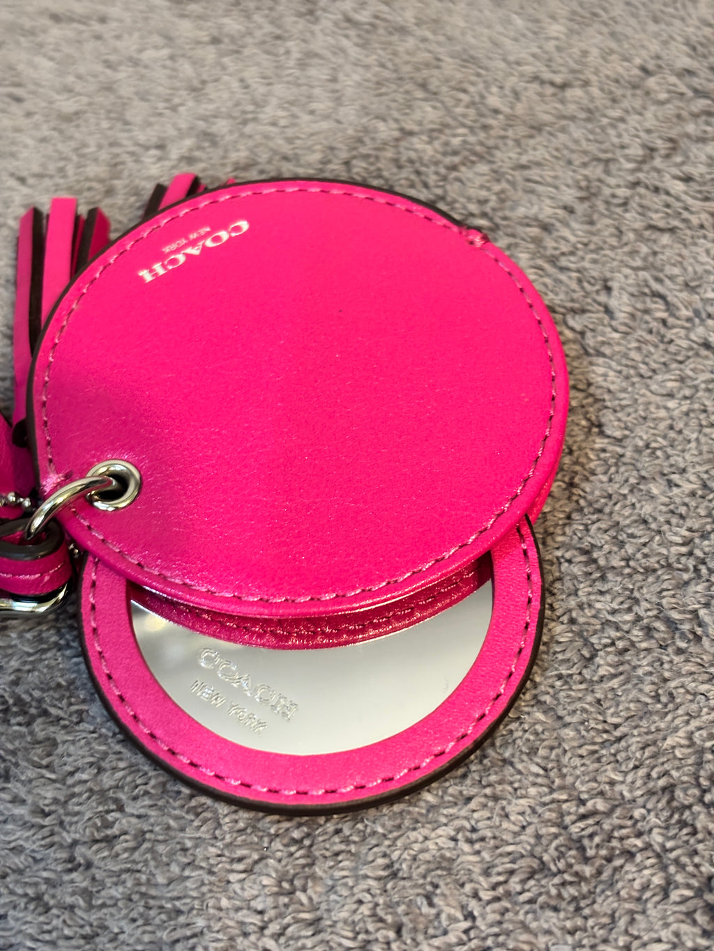 Coach Pink Leather Round Compact Mirror Wristlet Tassel Charm