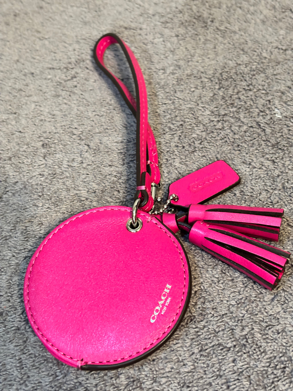 Coach Pink Leather Round Compact Mirror Wristlet Tassel Charm