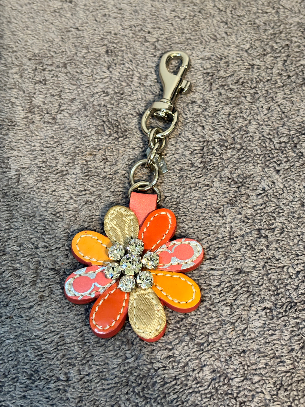 Coach Orange Leather Rhinestone Flower Bag Charm Keychain