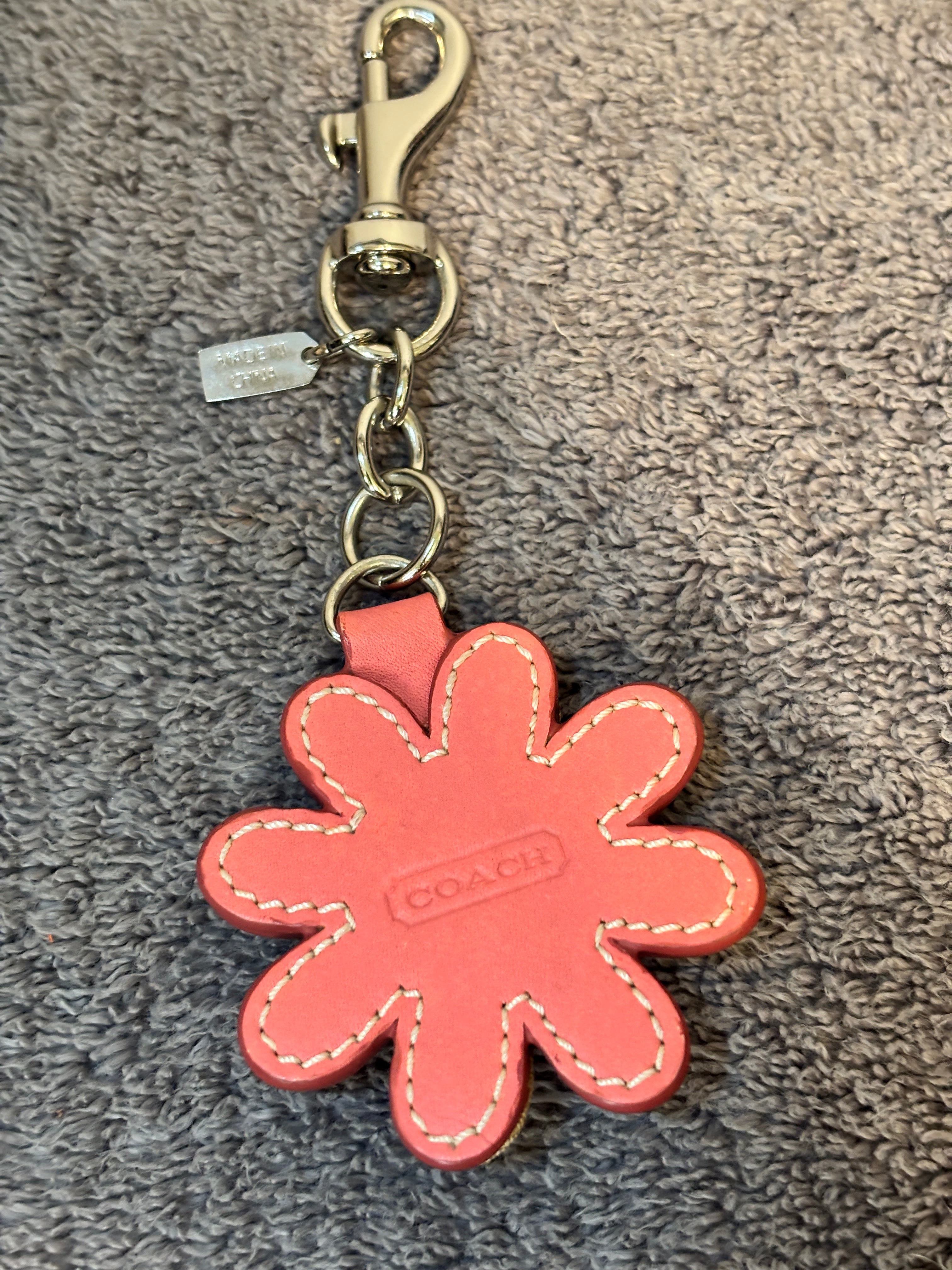 Coach Orange Leather Rhinestone Flower Bag Charm Keychain