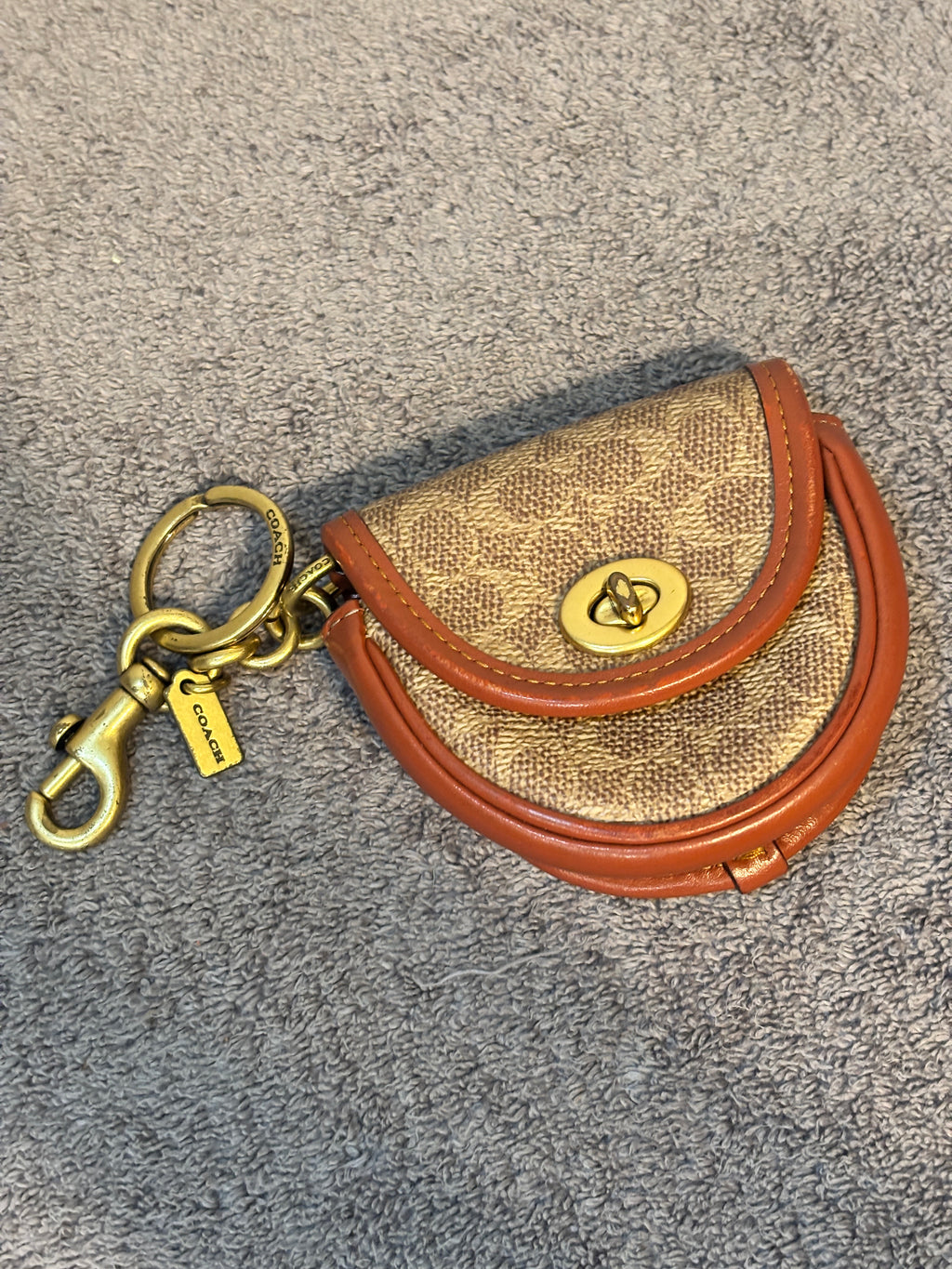 Coach Signature Canvas Mini Turnlock Bag Keychain Charm Brown Leather Trim