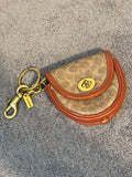 Coach Signature Canvas Mini Turnlock Bag Keychain Charm Brown Leather Trim